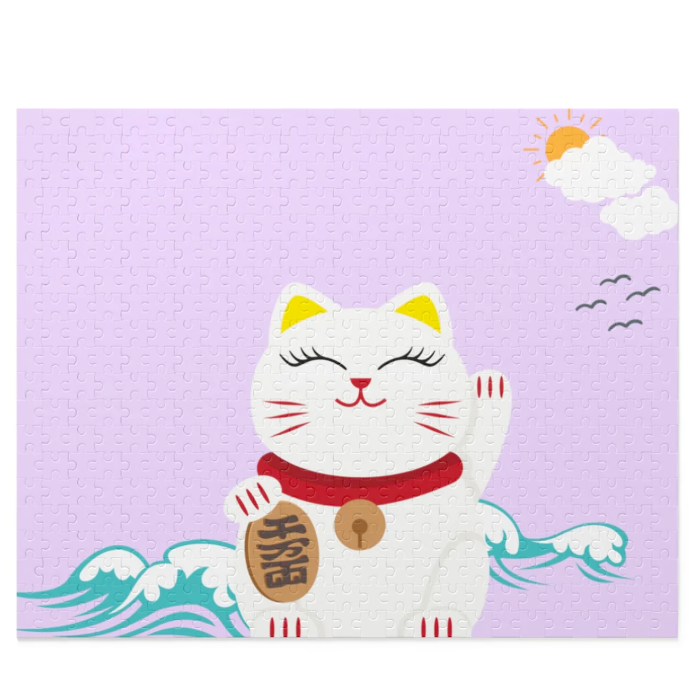A Lucky Cat Jigsaw Puzzle 500-Piece featuring a cartoon lucky cat with a golden coin, against a background of waves and a partly sunny sky, composed of high-quality chipboard pieces.
