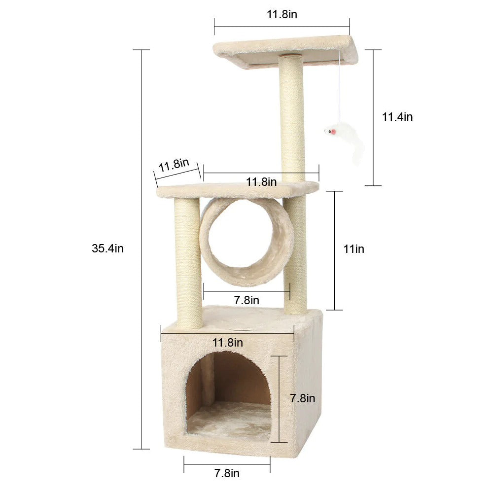 A cat inside the cubby of a Cat Tree House Tower, with a toy fish hanging nearby.