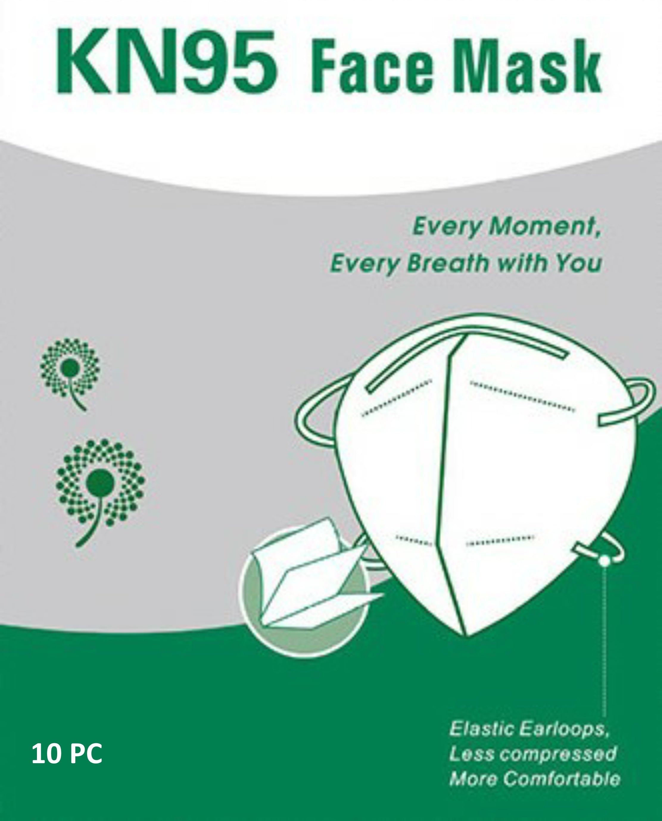 White KN95 Face Mask -10 PACK with comfortable elastic ear loops against a gray background.