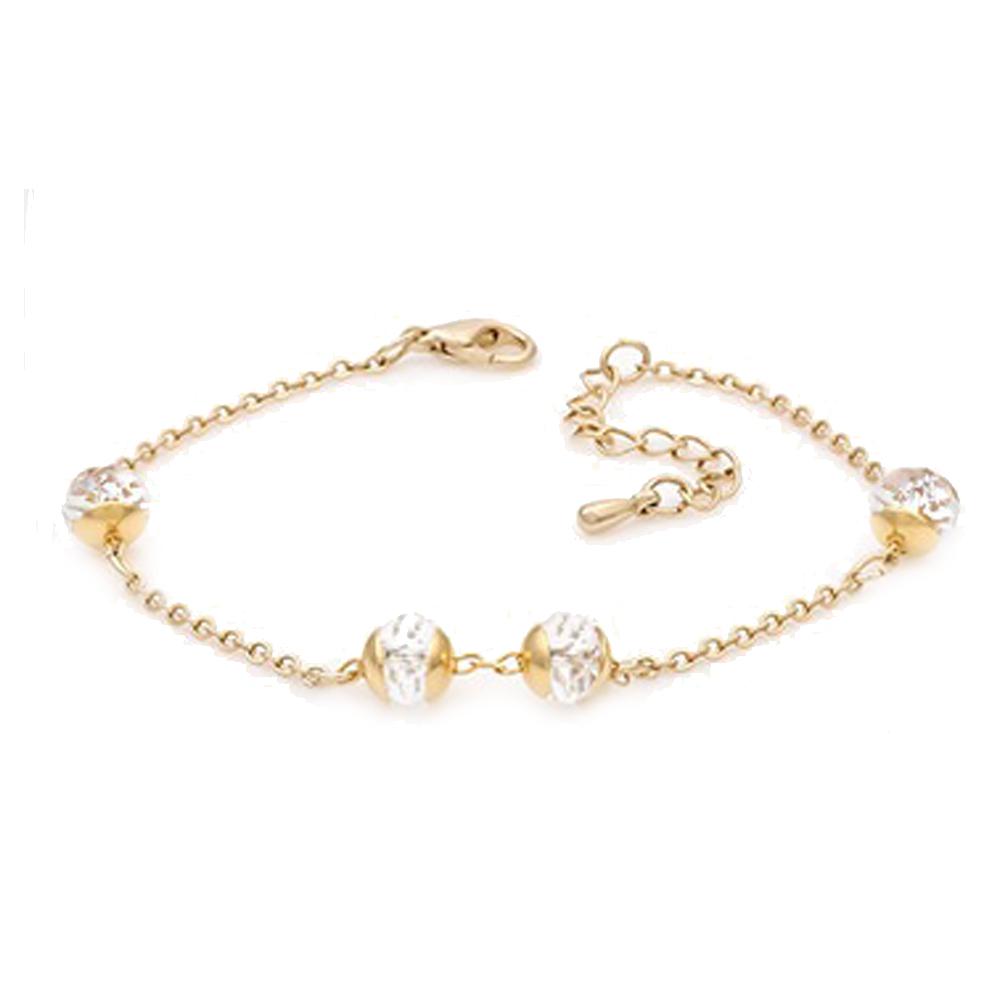 A woman's hand adorned with a delicate, Madison 14K Gold Plated Chain Bracelet featuring Swarovski crystals.