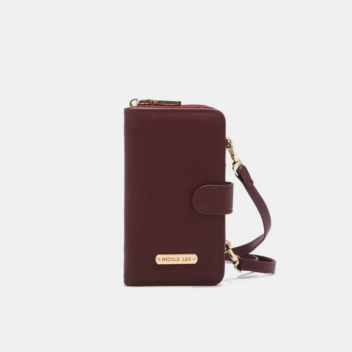 A yellow Nicole Lee USA 2 Piece Phone Case Crossbody Wallet, crafted from vegan leather, with a detachable strap and a snap button closure, displayed against a white background.