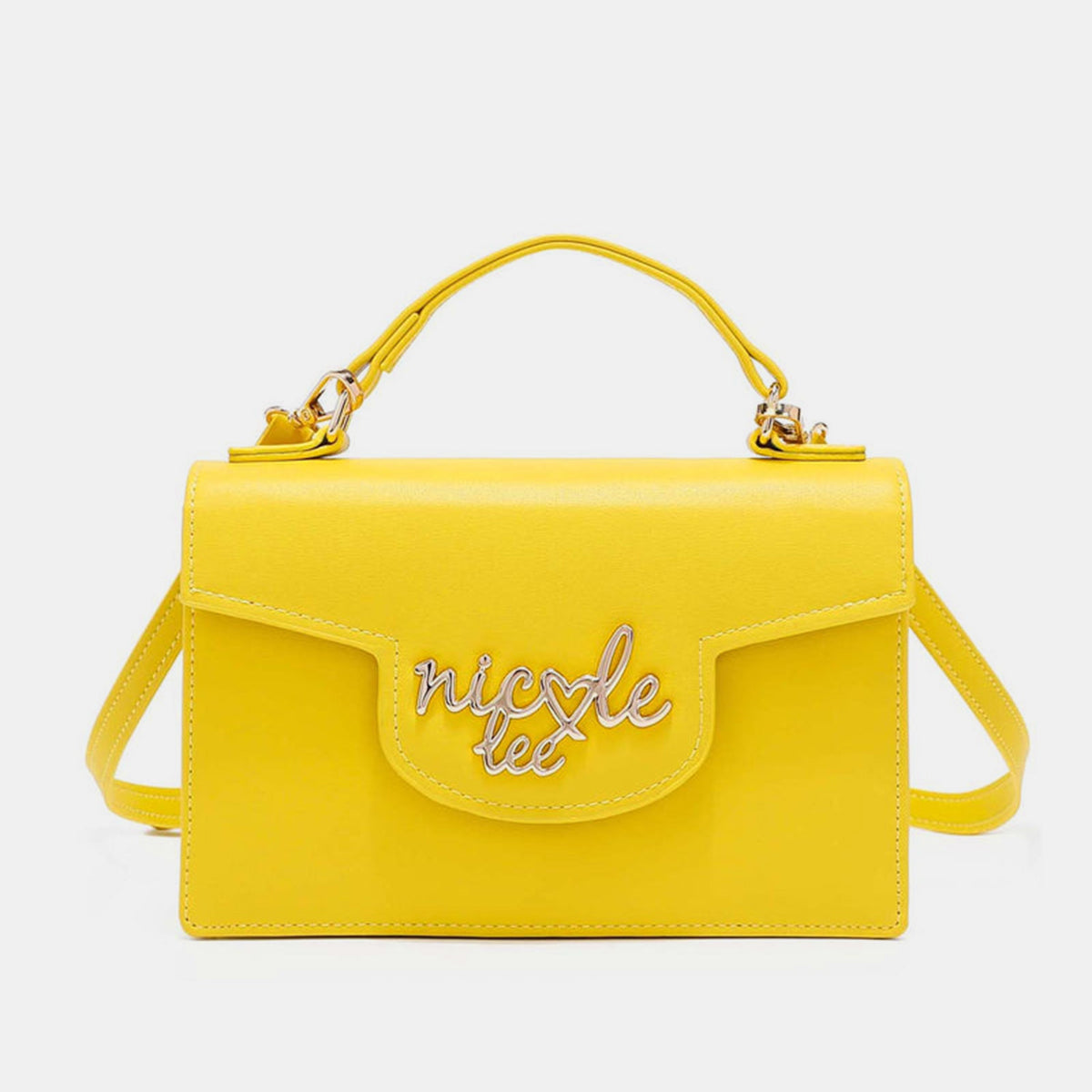 The Nicole Lee USA Small Crossbody Wallet in bright yellow features a handle and flap closure, accented with "nicole lee" in metallic letters on the front. It also includes an adjustable crossbody strap for versatile wear.