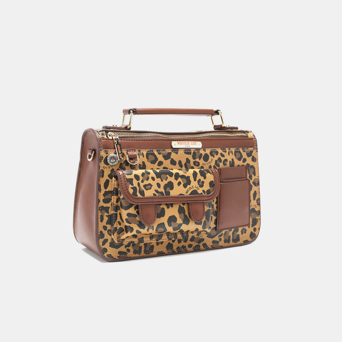 The Nicole Lee USA Leopard Top Handle Handbag is a stylish accessory with chic leopard print and brown vegan leather accents. It boasts two outer pockets, a gold-tone zip closure, and includes a versatile crossbody strap for convenient carrying.