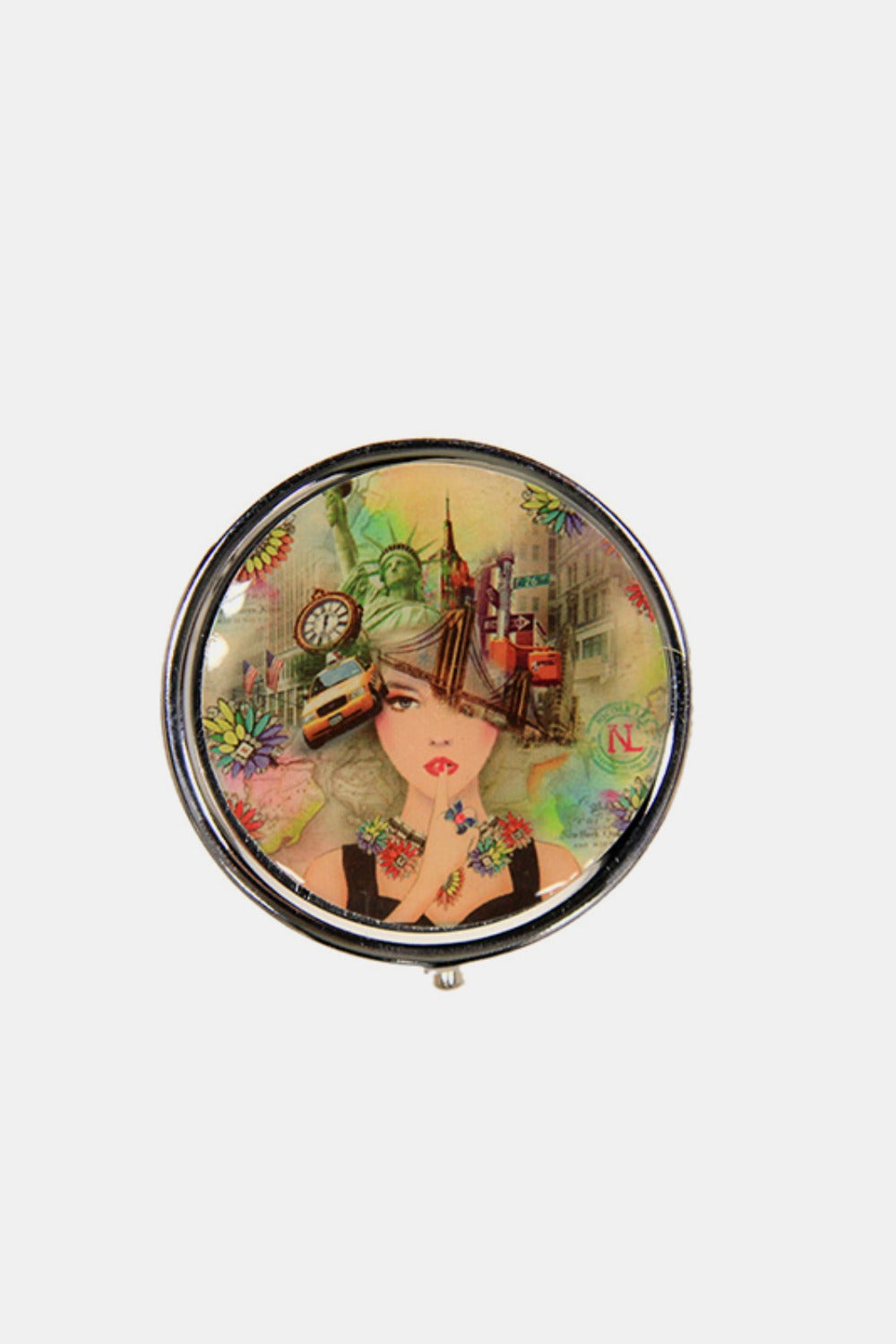 The Nicole Lee USA Print Metallic Circular Large Pill Case is a round pill case adorned with an illustration of a dog and cat driving an old-fashioned car, set against a backdrop of colorful city landmarks and signs. It's perfect for on-the-go medication management.