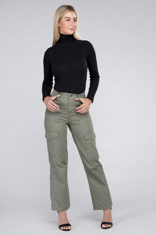 A person is wearing high-waisted, olive green Everyday Wear Elastic-Waist Cargo Pants, complemented by black high-heeled sandals.