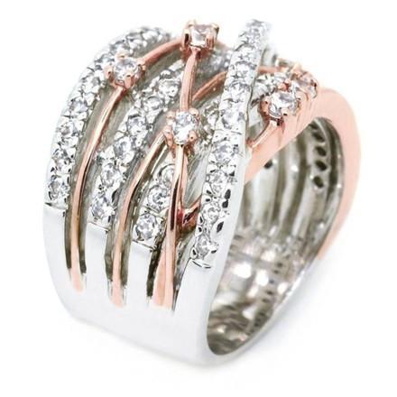 The Crystal Crossover Ring features intertwined rose gold and silver bands adorned with small diamonds for a dazzling effect.