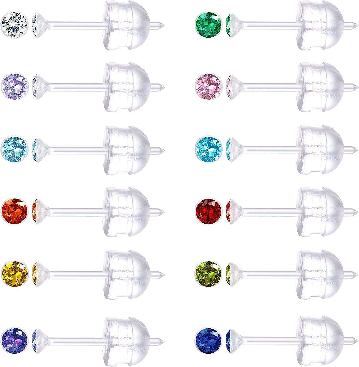 12Pairs Clear Plastic Stud Earrings for Women Men Acrylic Post Colorful Birthstone Ear Studs Piercing Retainers