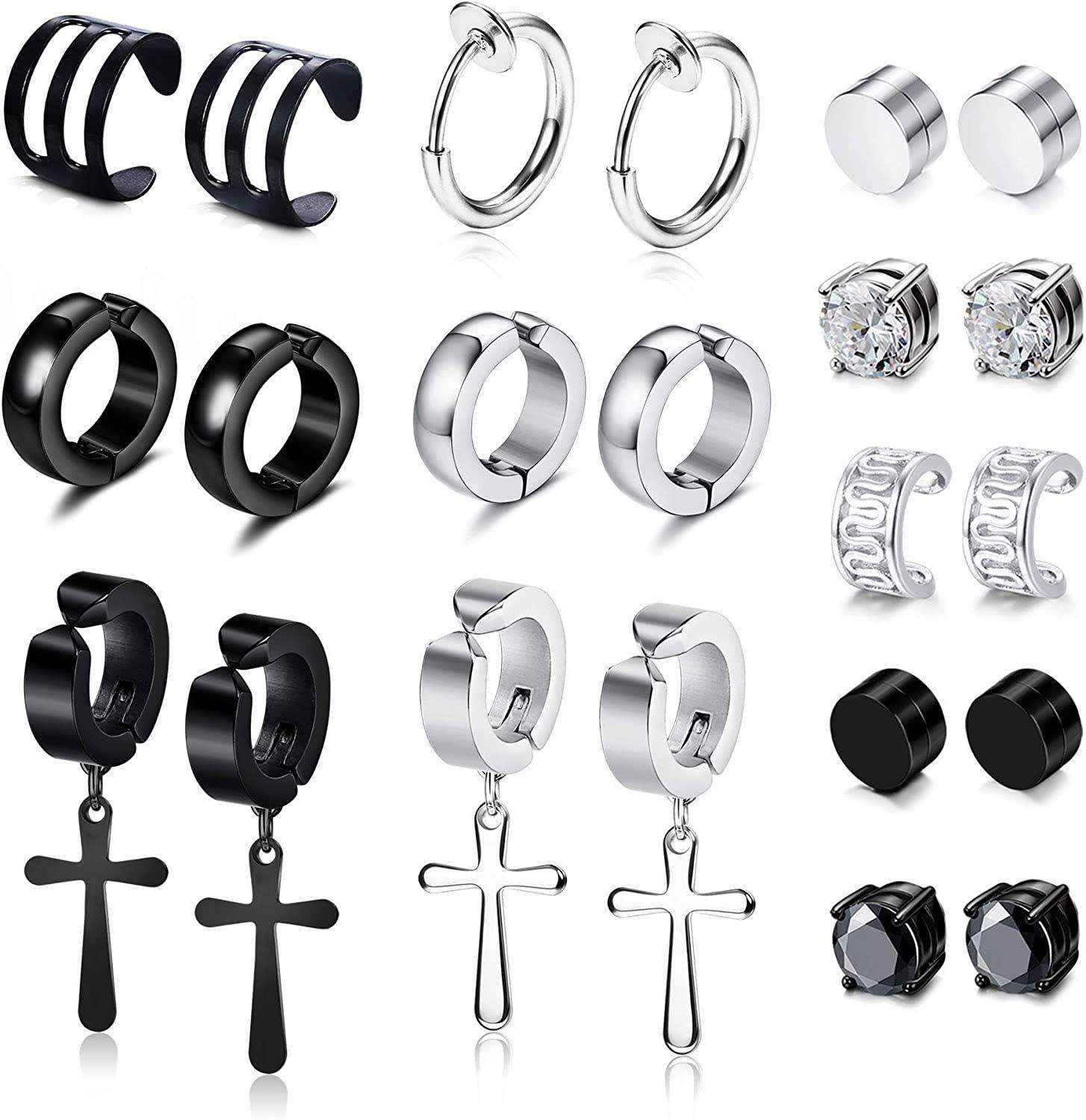 11 Pairs Non Pierced Hoop Earrings for Men Women Stainless Magnetic CZ Stud Earrings Fake Piercings Clip on Earring Non Piercing Cross Dangle Earrings Set