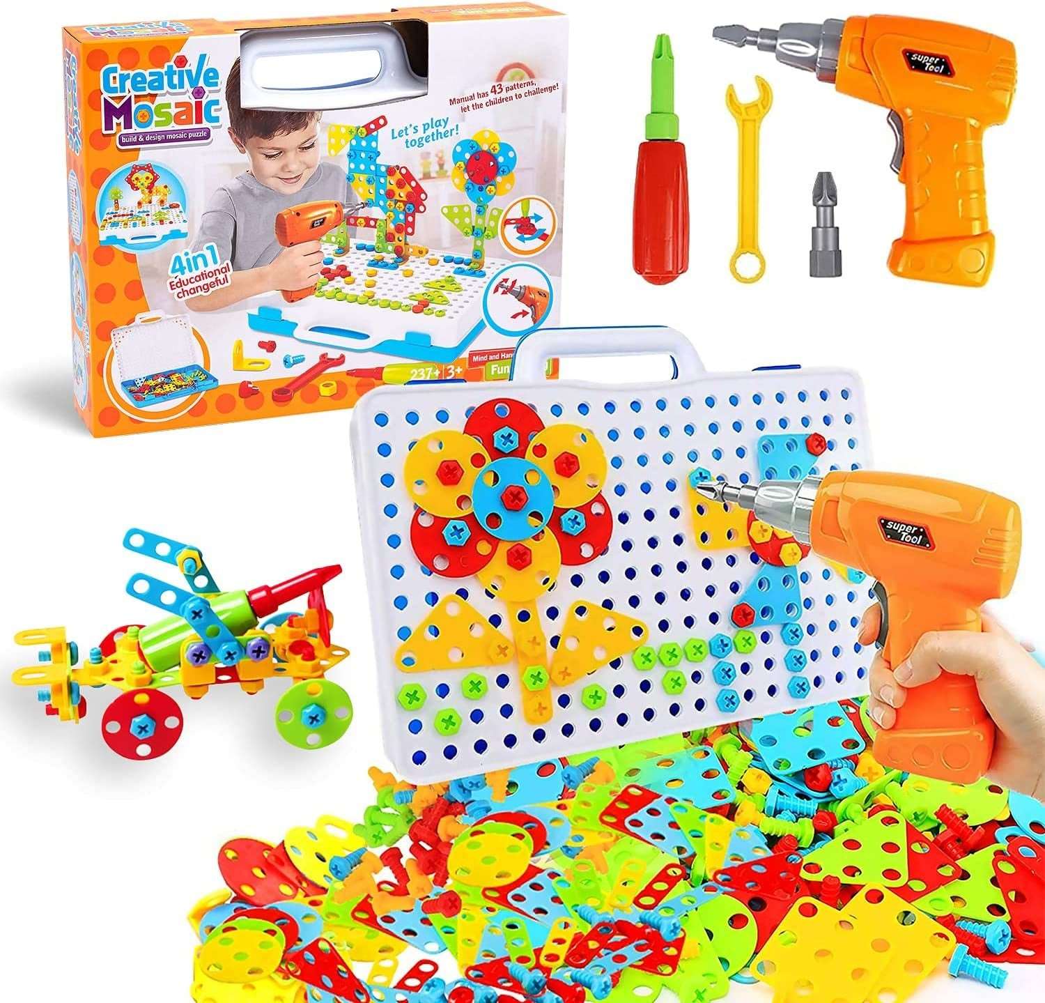237 Pieces Creative Toy Drill Puzzle Set;  STEM Learning Educational Toys;  3D Construction Engineering Building Blocks for Boys and Girls Ages 3 4 5 6 7 8 9 10 Year Old