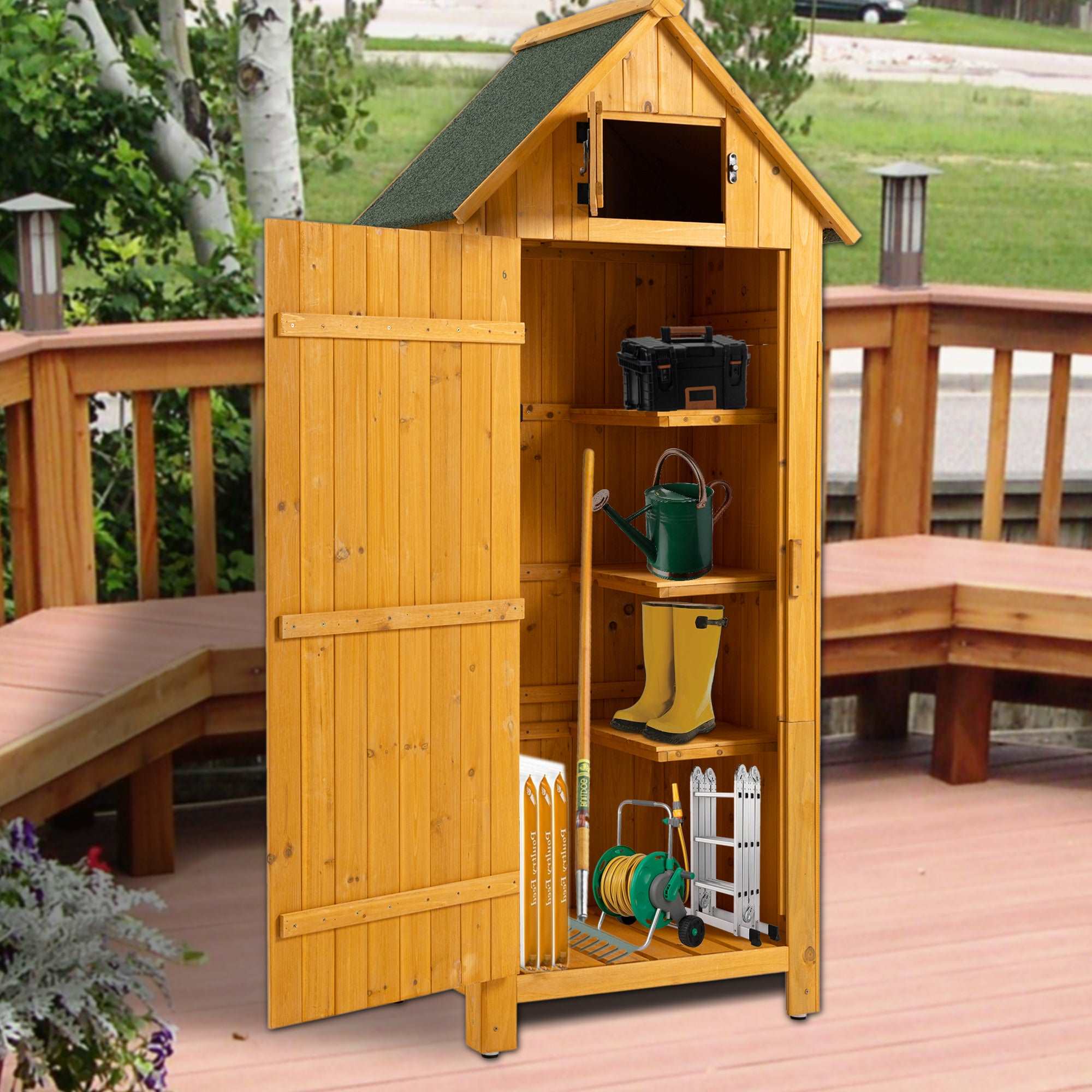 A 30.3'L X 21.3'W X 70.5'H Outdoor Storage Cabinet Tool Shed Wooden Garden Shed Natural on a wooden deck.