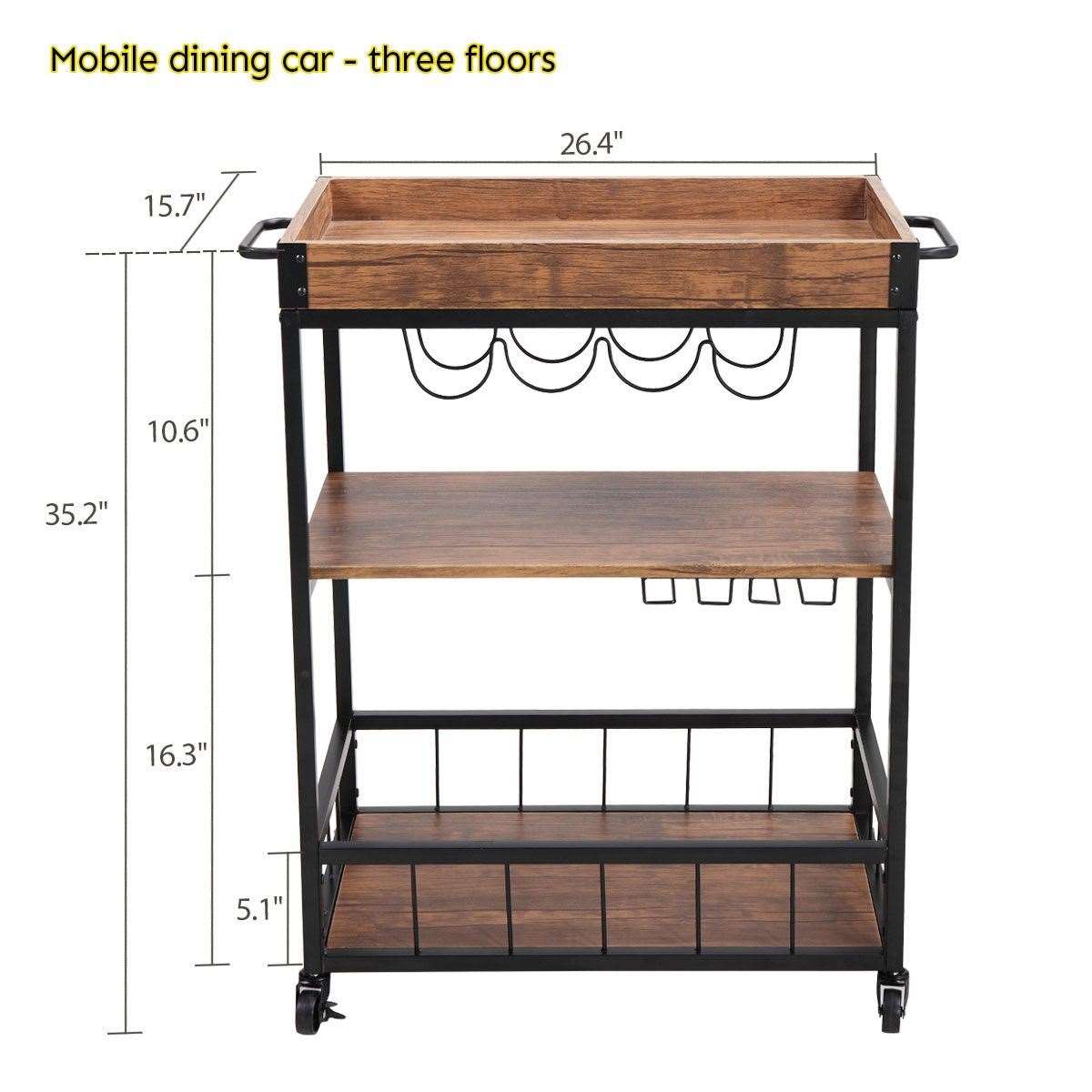3-Tier Industrial Bar Serving Cart, Mobile Kitchen Storage Cart with Casters and Removable Tray, Wood Metal Serving Trolley for Home Dining Room, Brown and Black XH