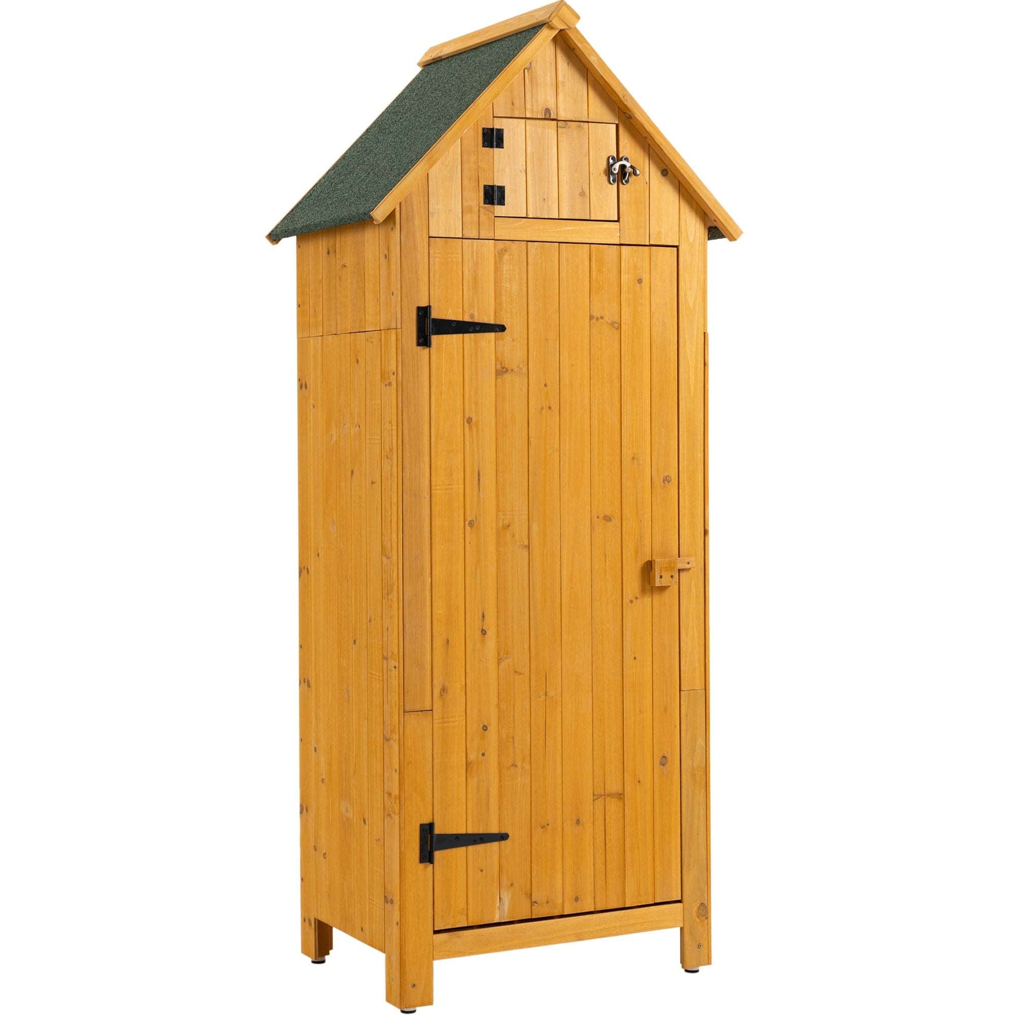 A 30.3'L X 21.3'W X 70.5'H Outdoor Storage Cabinet Tool Shed Wooden Garden Shed Natural on a wooden deck.