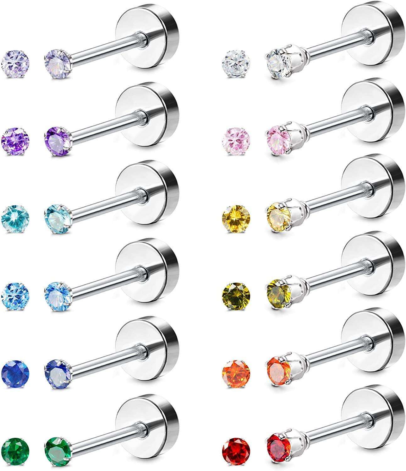 12 Pairs Stainless Tiny Stud Earrings 2MM Cubic Zirconia Stud Earring Clear CZ Earrings Set for Women Men 6mm