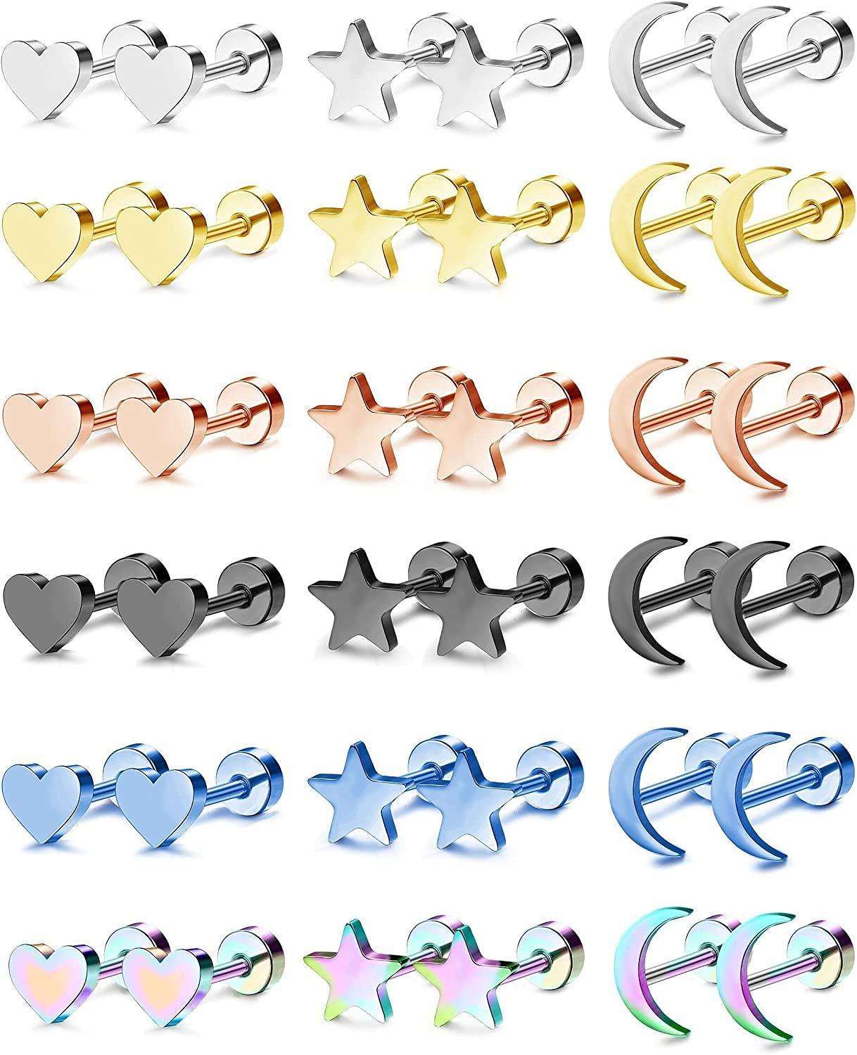 18Pairs 18G 316L Stainless Steel Heart Moon Star Stud Earrings Barbell Piercing Studs for Women Men Cartilage Helix Tragus Ear Piercing Jewelry