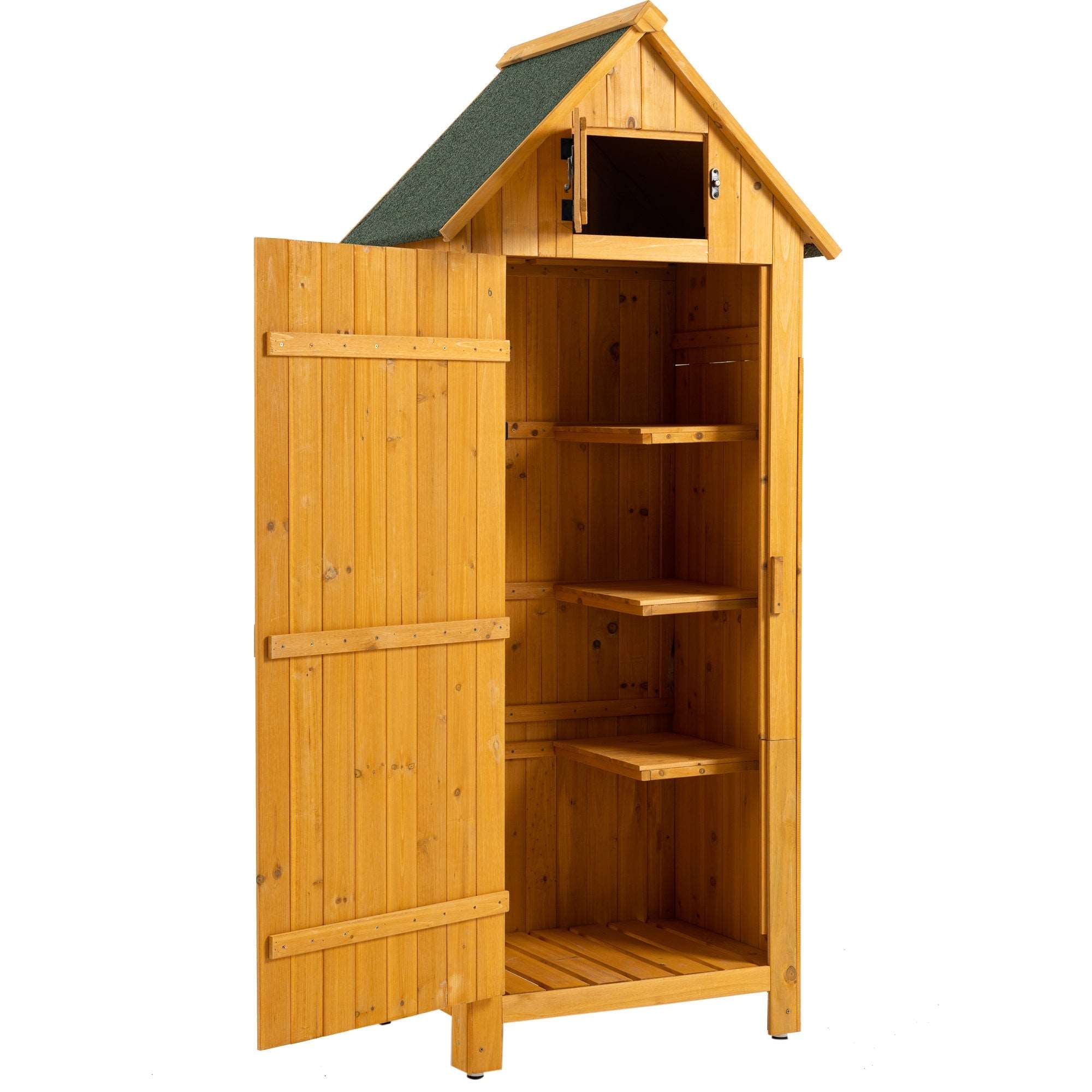 A 30.3'L X 21.3'W X 70.5'H Outdoor Storage Cabinet Tool Shed Wooden Garden Shed Natural on a wooden deck.