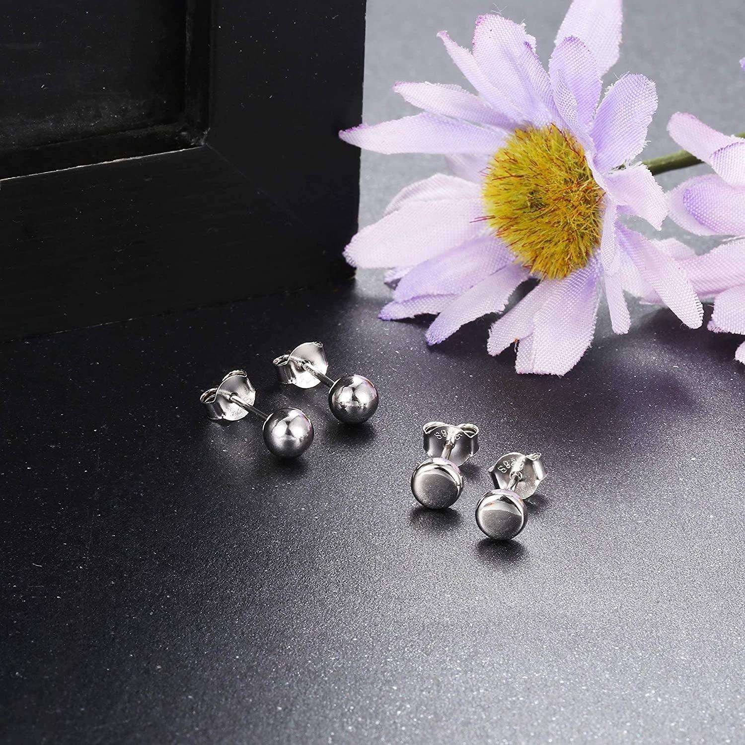 2 Pairs Ball Tiny Stud Earrings Sets For Women Men Dot Earrings Sterling Silver 4mm