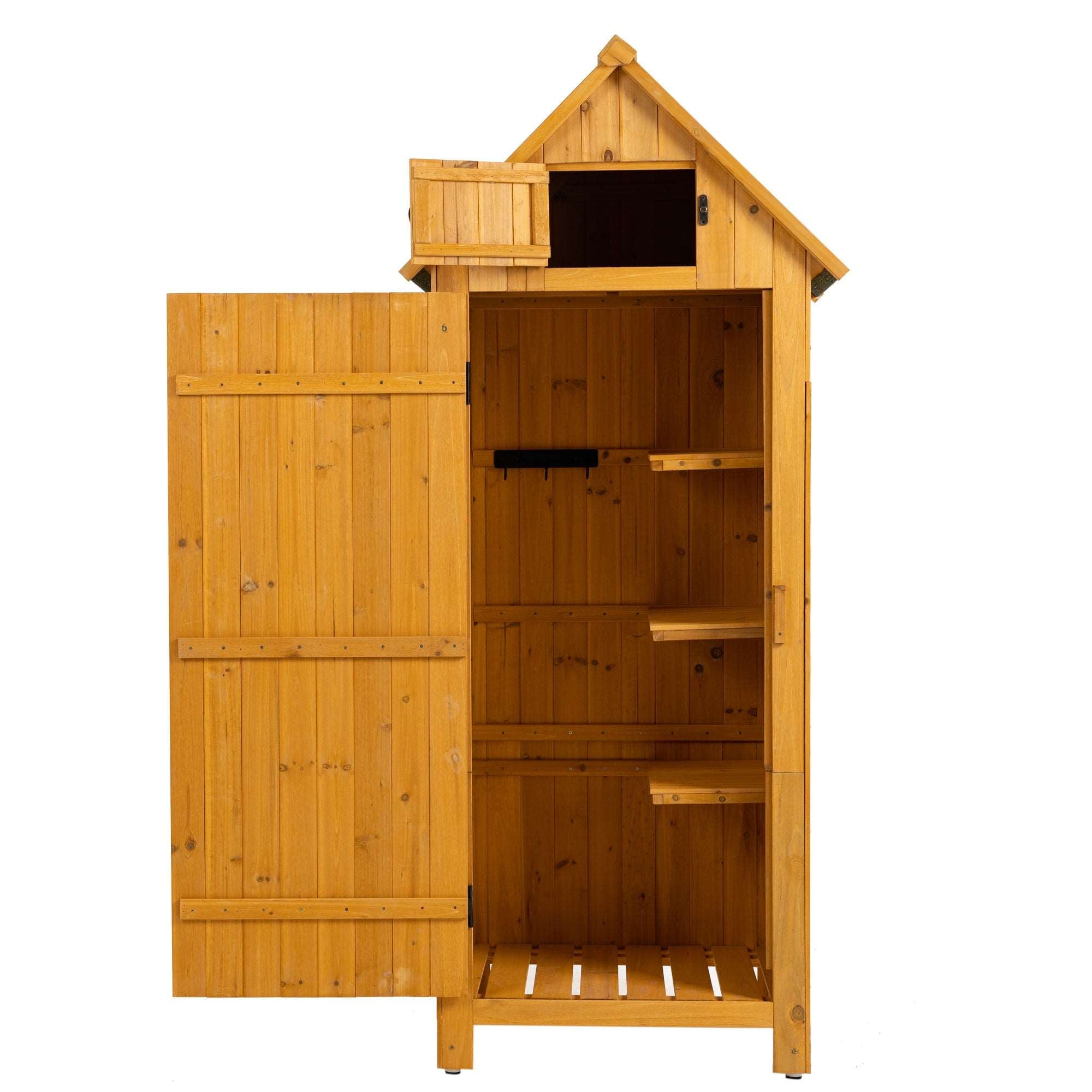 A 30.3'L X 21.3'W X 70.5'H Outdoor Storage Cabinet Tool Shed Wooden Garden Shed Natural on a wooden deck.