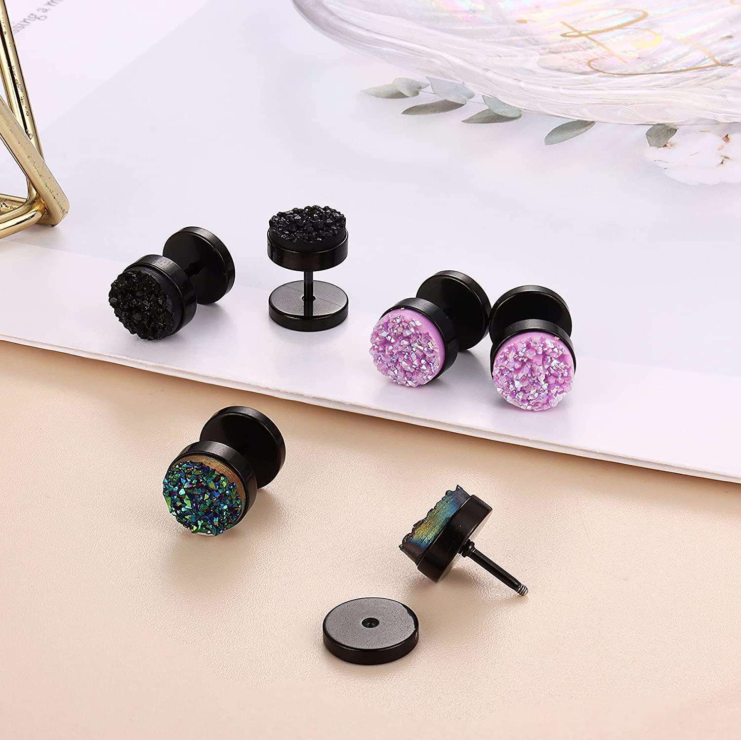 12 Pairs Fake Gauges Earrings for Women Men Stainless Druzy Stud Earrings Cheater Faux Plugs Ear Tunnel 16G