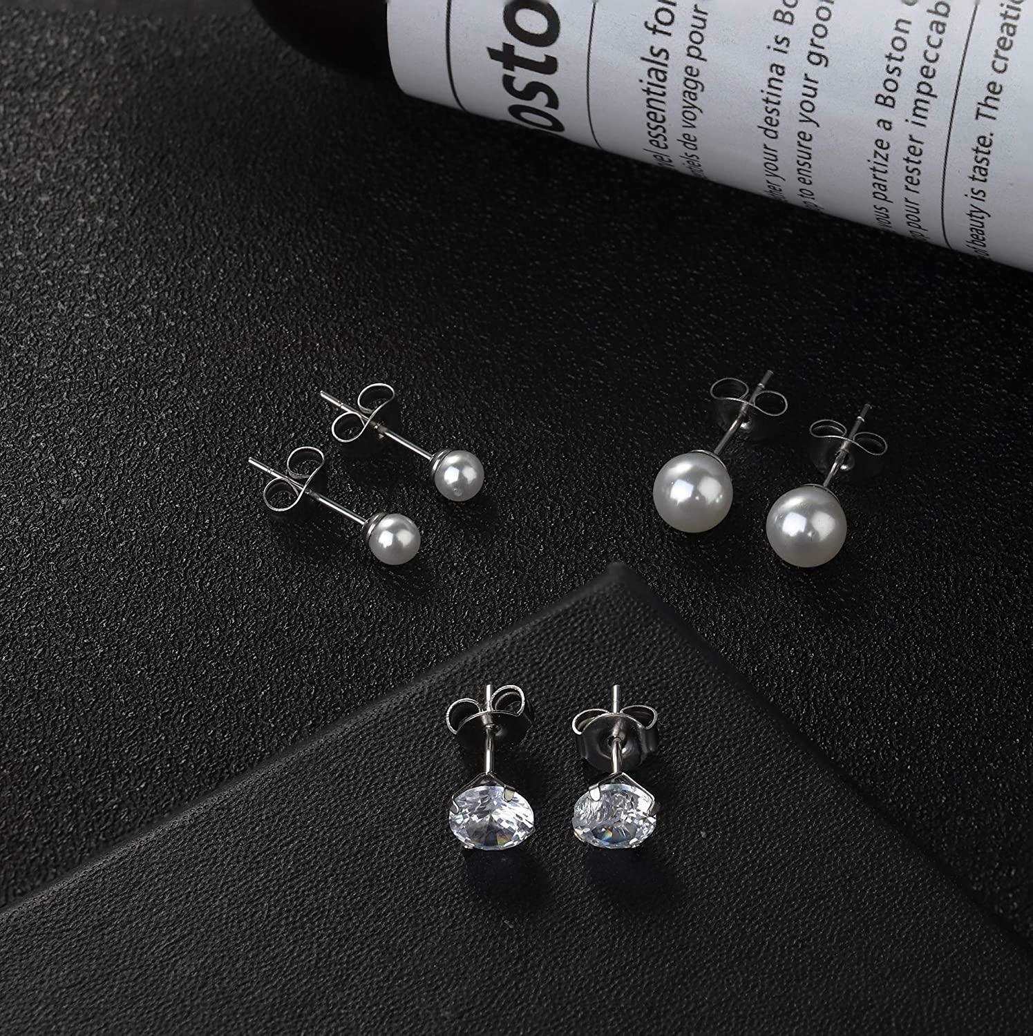 16Pairs Surgical Steel Small Stud Earrings Set for Women Men Star Triangle Moon Heart Bar Square Round Disc Ball Crystal CZ Tiny Stainless Steel Geometric Stud Earrings