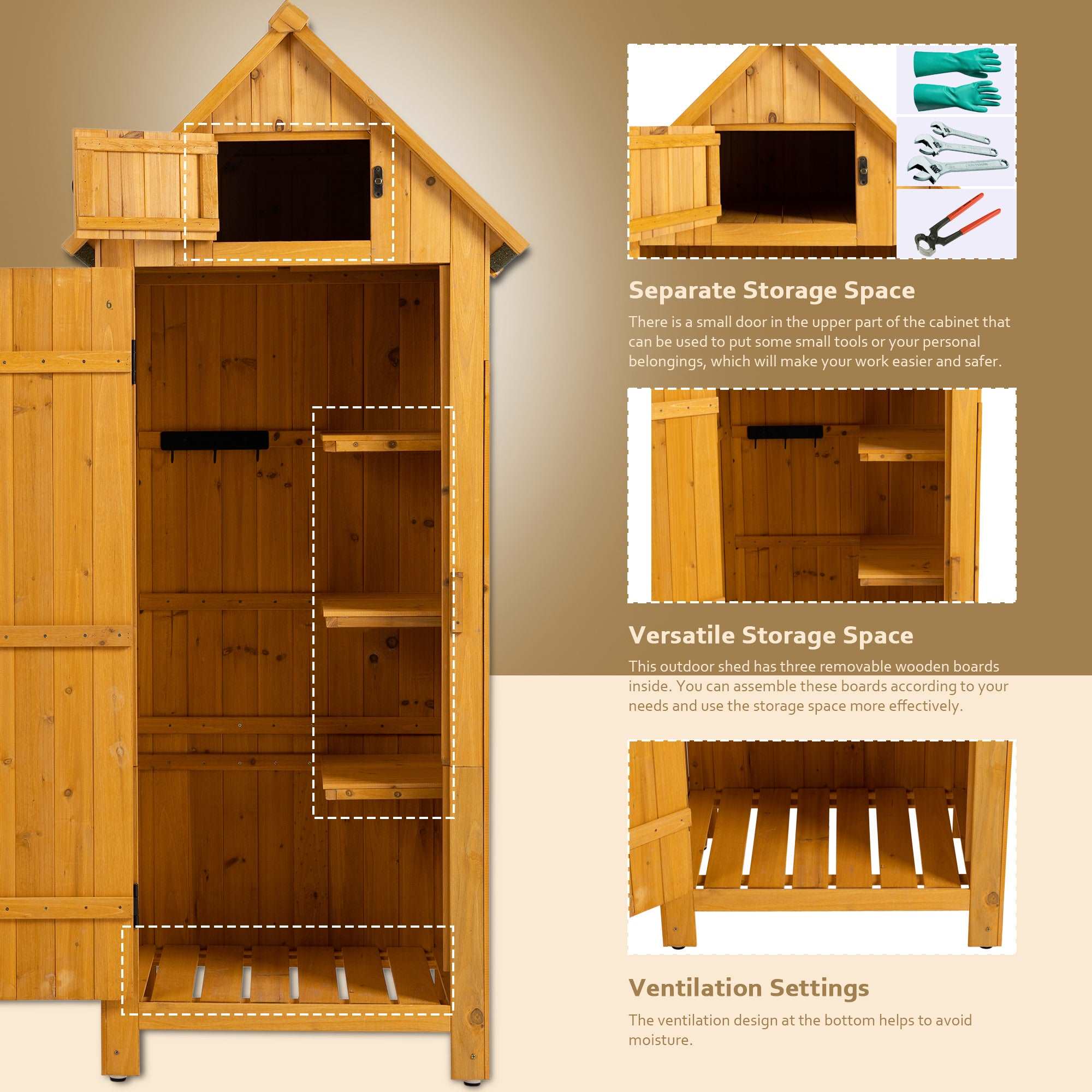 A 30.3'L X 21.3'W X 70.5'H Outdoor Storage Cabinet Tool Shed Wooden Garden Shed Natural on a wooden deck.