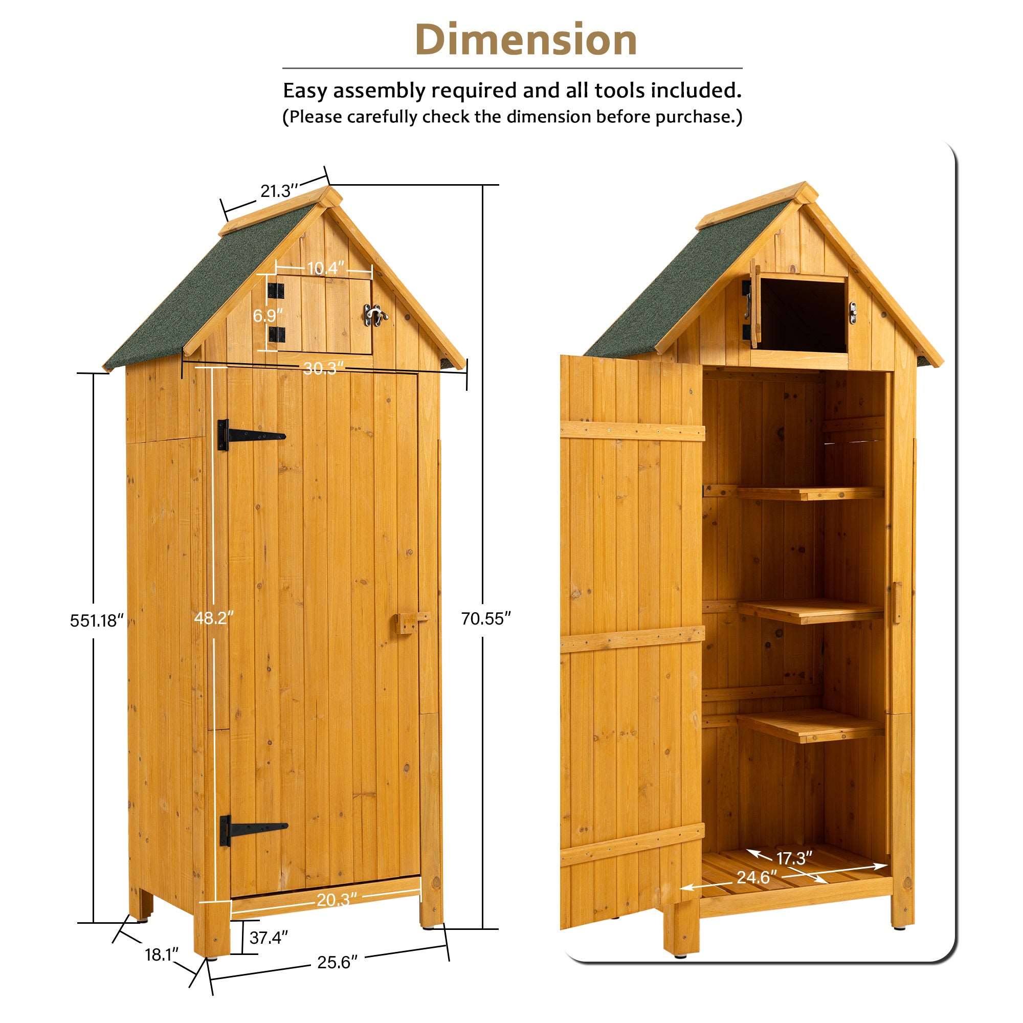 A 30.3'L X 21.3'W X 70.5'H Outdoor Storage Cabinet Tool Shed Wooden Garden Shed Natural on a wooden deck.