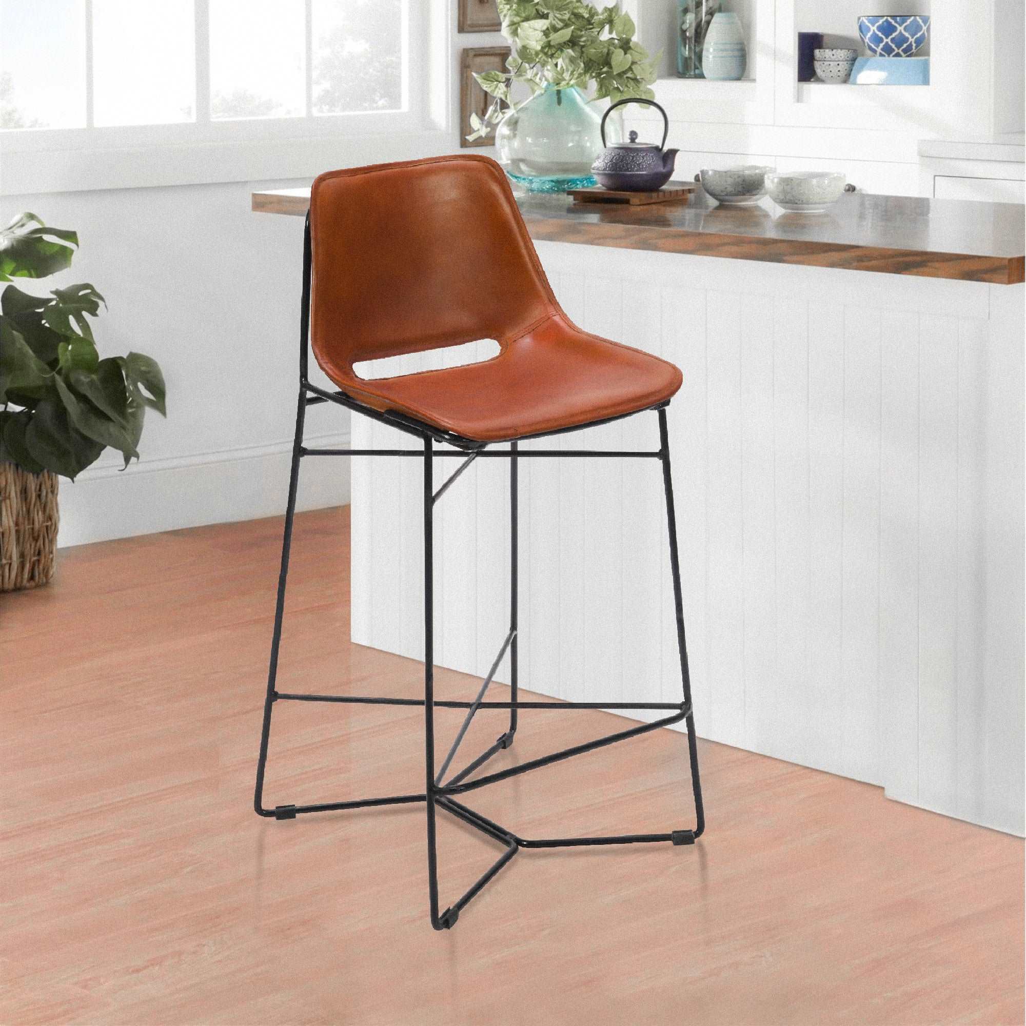 29 Inch Bar Height Chair Curved Seat with Genuine Leather and Metal Frame; Tan Brown and Black; DunaWest