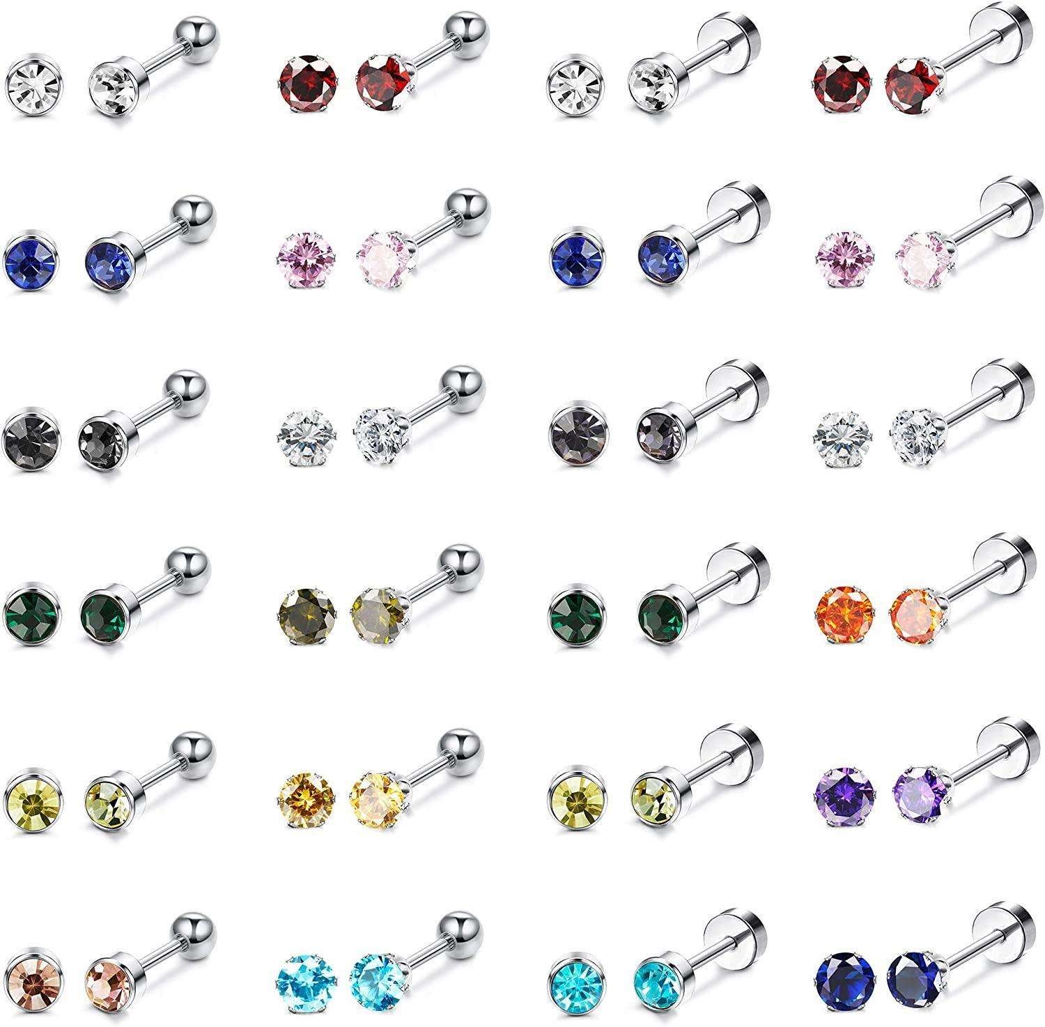 24 Pairs Stainless CZ Stud Earrings for Women Men Multicolor Cubic Zirconia Helix Earrings Tragus Ear Piercing Earrings Set Flat Back Cartilage Earring Stud 4mm