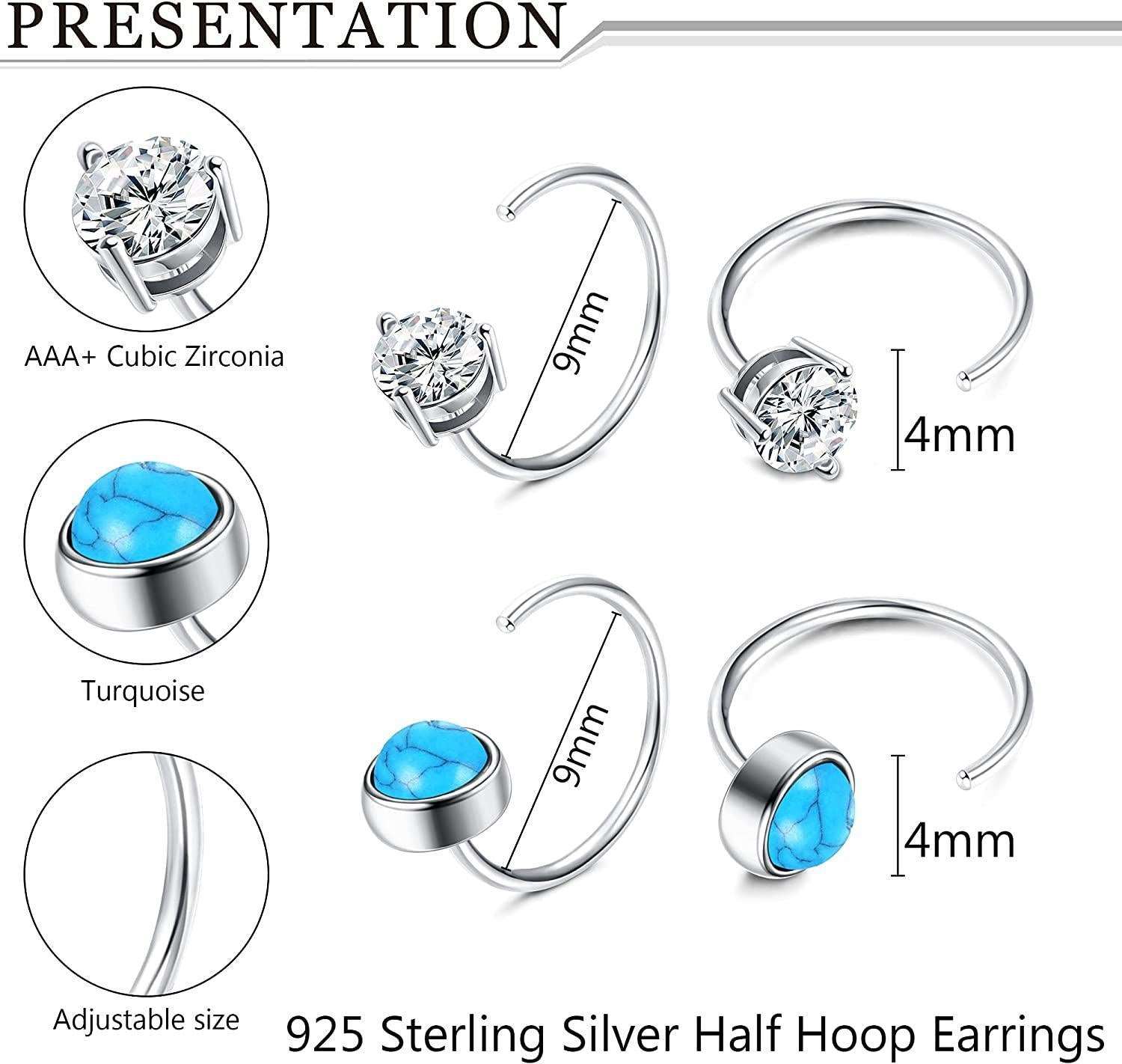 2 Pairs 925 Sterling Silver Half Hoops Earrings Opal Ball Star Dot Small Hoop Earrings Huggie Cartilage Earrings Hug Tiny Hoop Earrings for Women Men