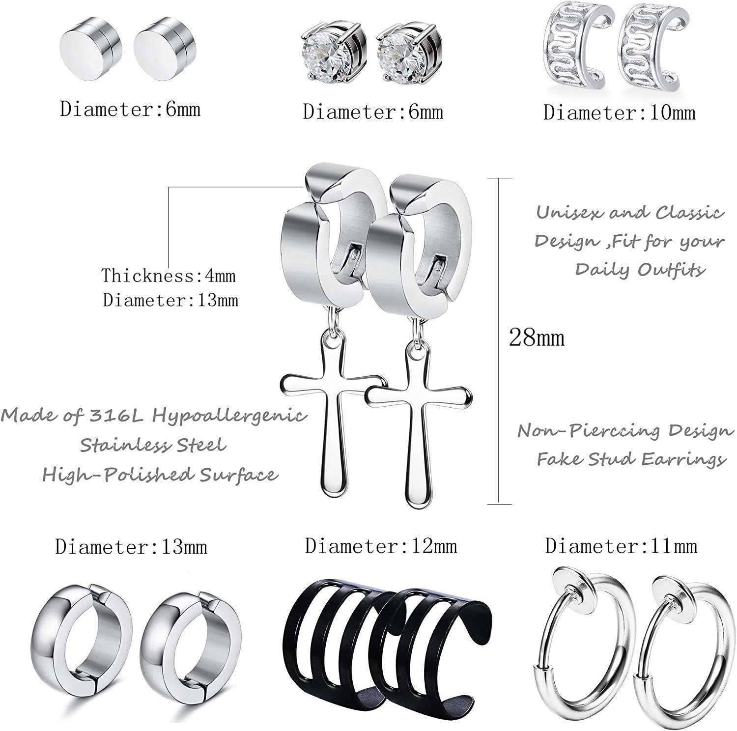 11 Pairs Non Pierced Hoop Earrings for Men Women Stainless Magnetic CZ Stud Earrings Fake Piercings Clip on Earring Non Piercing Cross Dangle Earrings Set