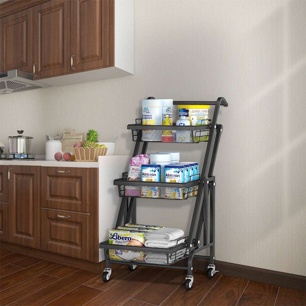 A 3-Tier Folding Rolling Cart Kitchen/Bedroom/Living Room/Bathroom with three baskets on wheels.