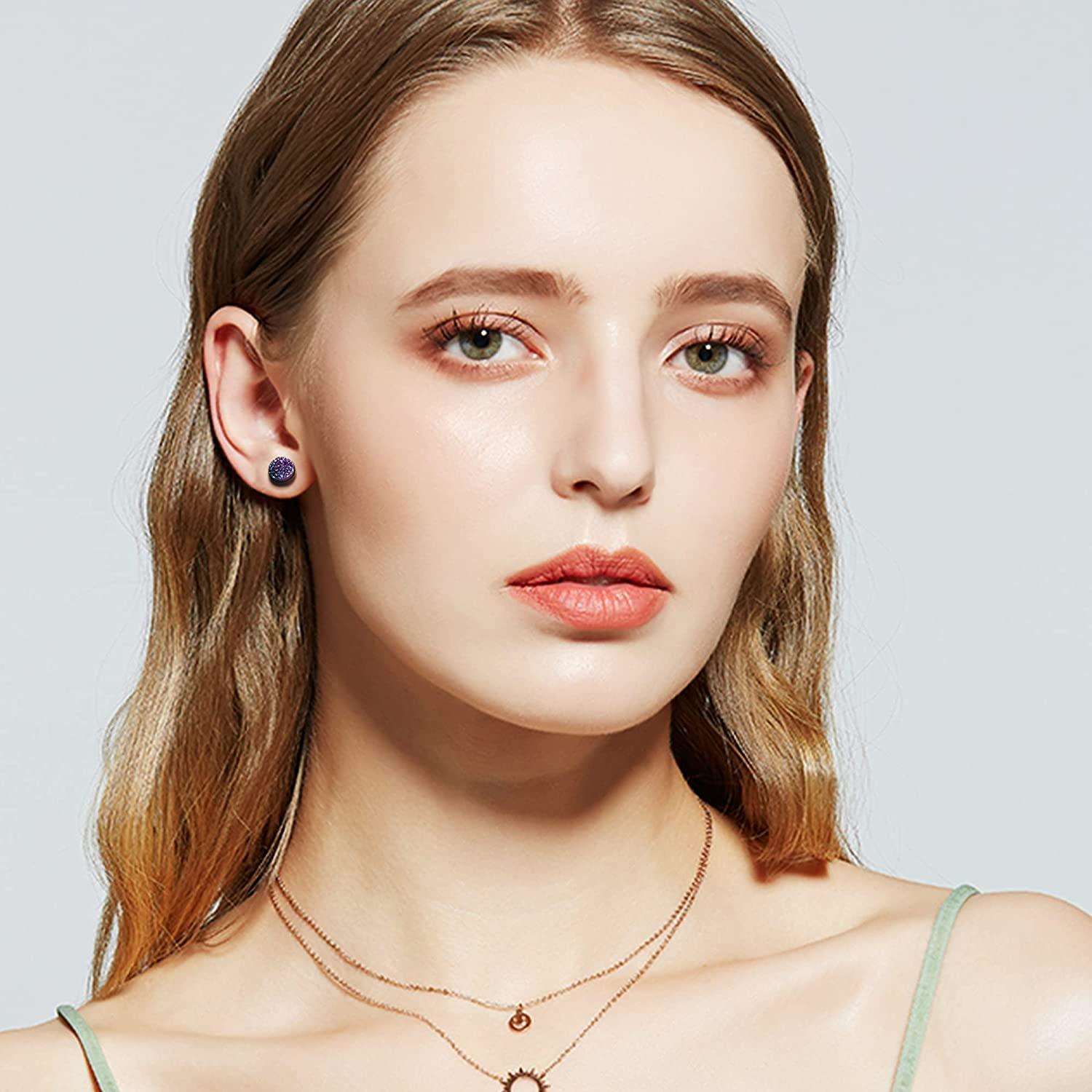 12 Pairs Fake Gauges Earrings for Women Men Stainless Druzy Stud Earrings Cheater Faux Plugs Ear Tunnel 16G