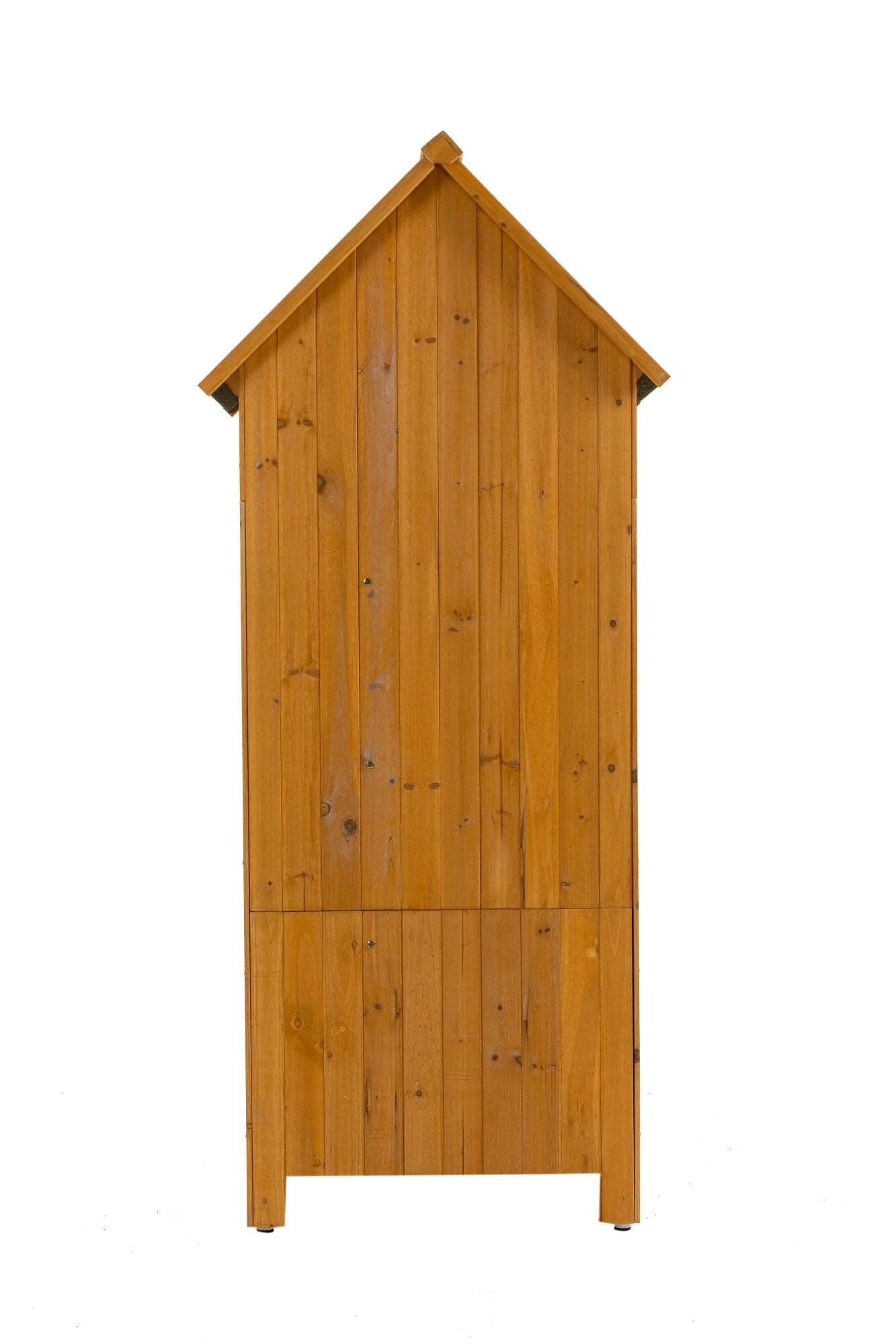 A 30.3'L X 21.3'W X 70.5'H Outdoor Storage Cabinet Tool Shed Wooden Garden Shed Natural on a wooden deck.
