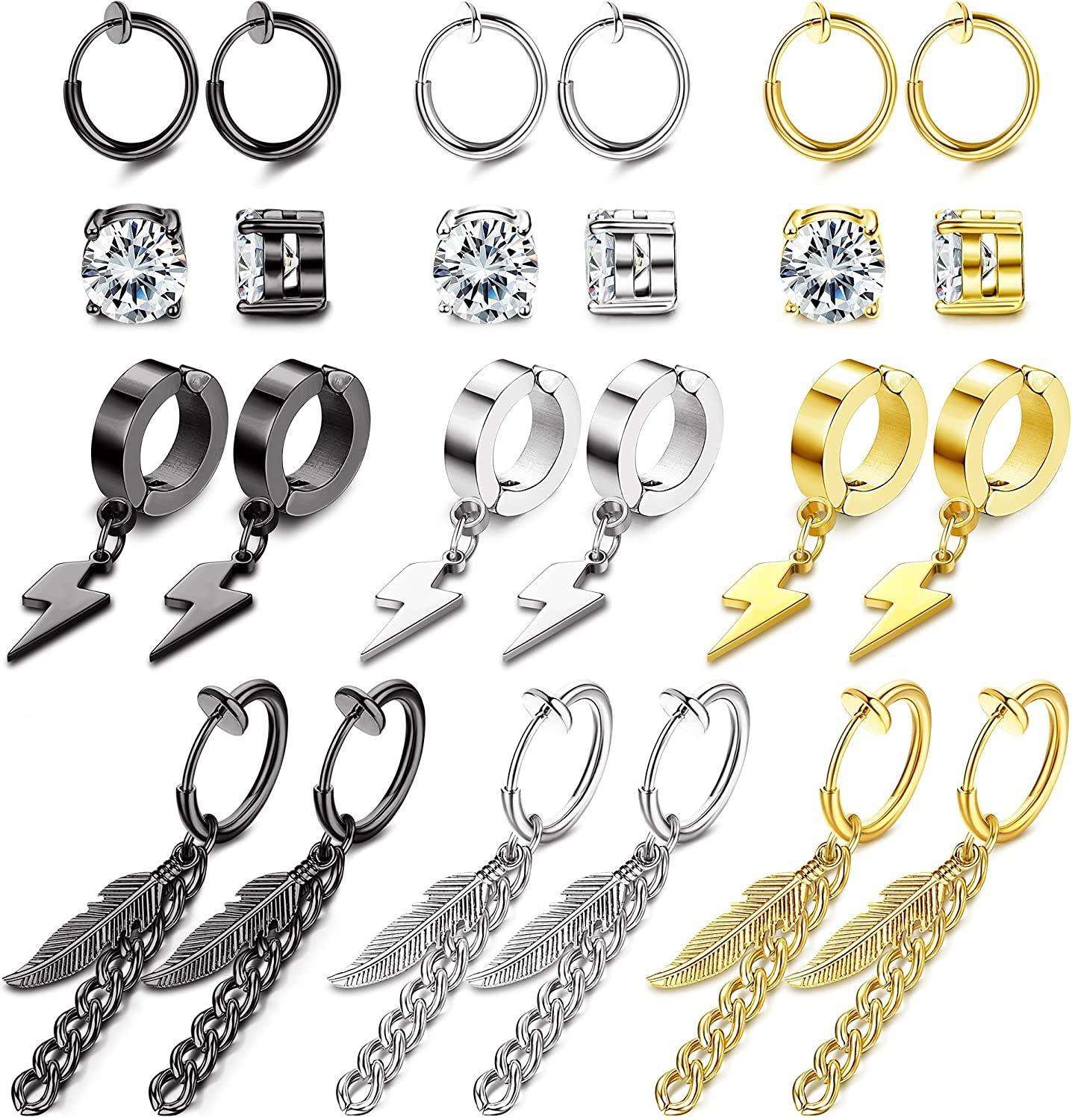 12 Pairs Magnetic Stud Earrings for Men Stainless Magnetic Earrings Non-Piercing Cross Dangle Hoop Earrings CZ Clip on Earring CZ Fake Earrings Magnet Earrings Set