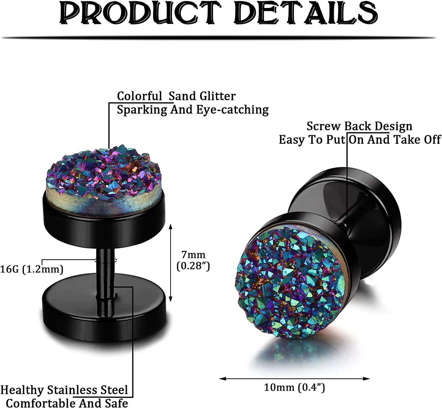 12 Pairs Fake Gauges Earrings for Women Men Stainless Druzy Stud Earrings Cheater Faux Plugs Ear Tunnel 16G