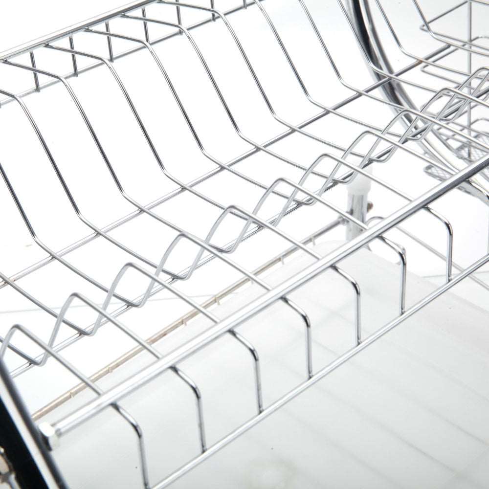 Three pictures of a 2 Tier Dish Drying Rack Drainer Stainless Steel Kitchen Cutlery Holder Shelf with dishes on it.