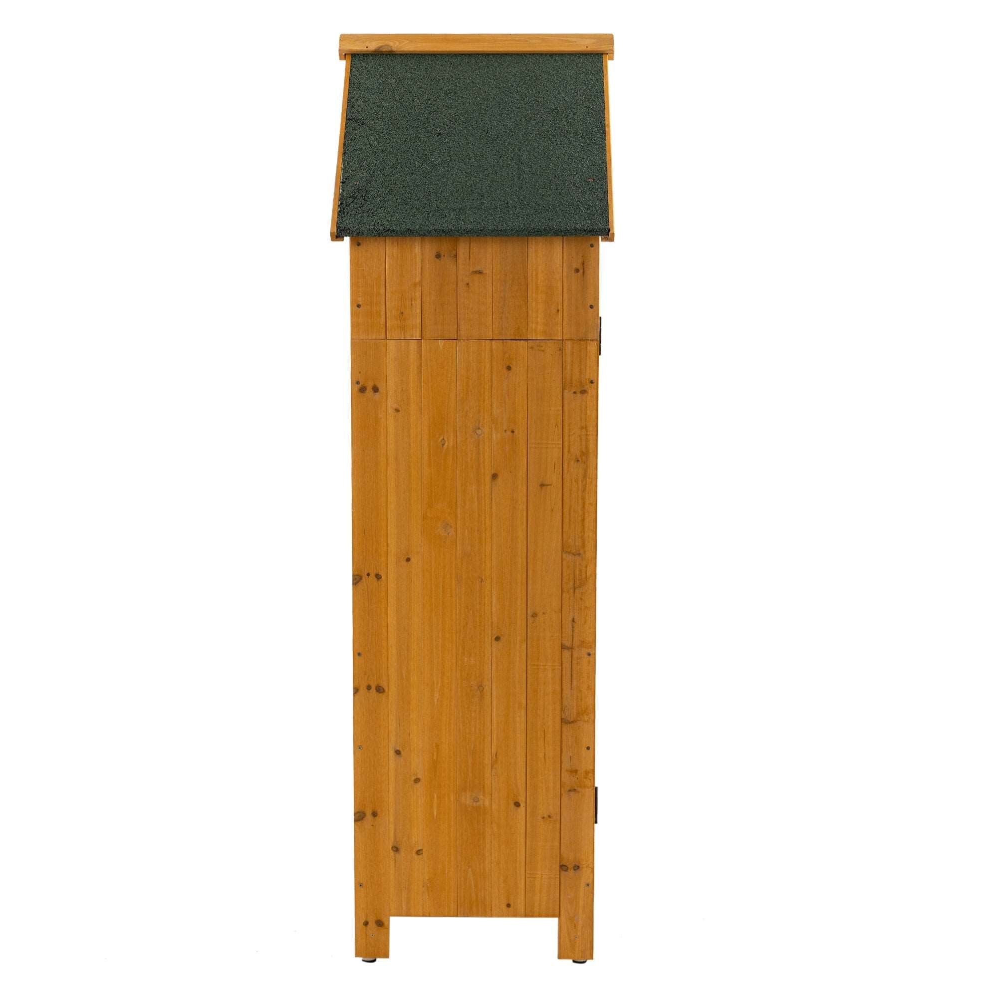 A 30.3'L X 21.3'W X 70.5'H Outdoor Storage Cabinet Tool Shed Wooden Garden Shed Natural on a wooden deck.