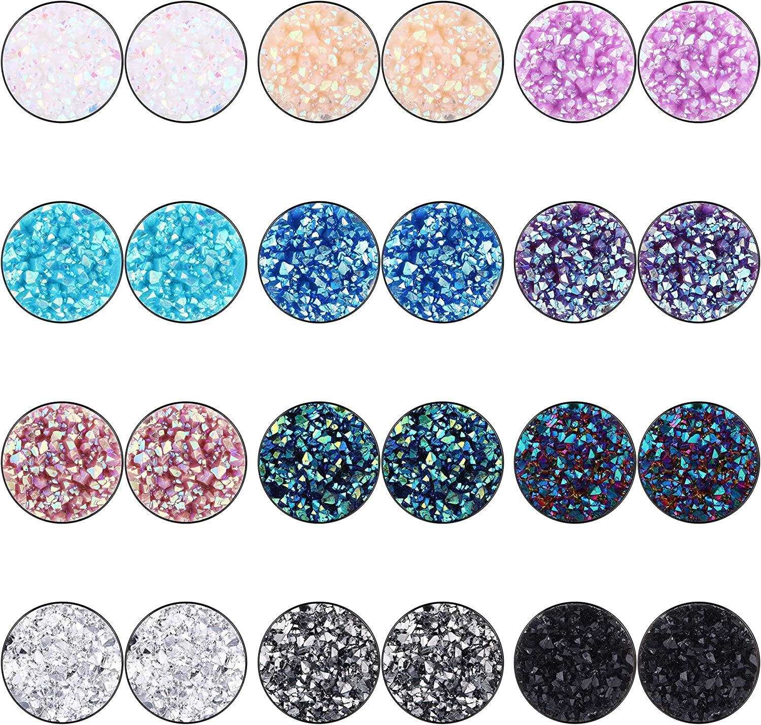 12 Pairs Fake Gauges Earrings for Women Men Stainless Druzy Stud Earrings Cheater Faux Plugs Ear Tunnel 16G