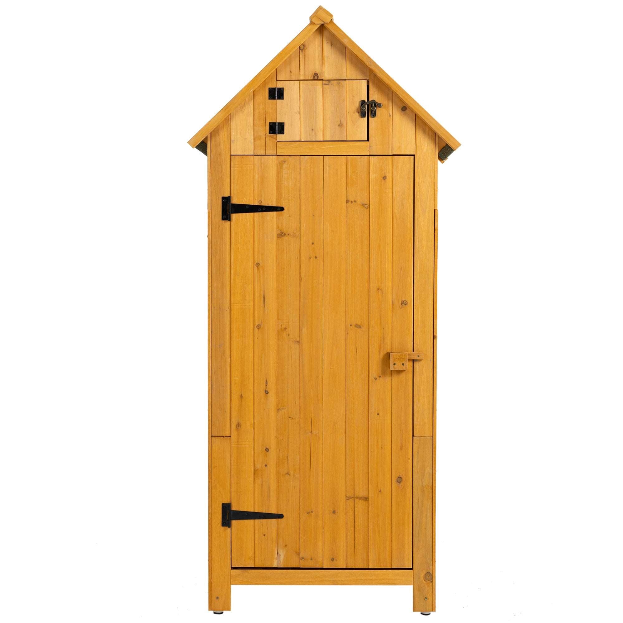 A 30.3'L X 21.3'W X 70.5'H Outdoor Storage Cabinet Tool Shed Wooden Garden Shed Natural on a wooden deck.