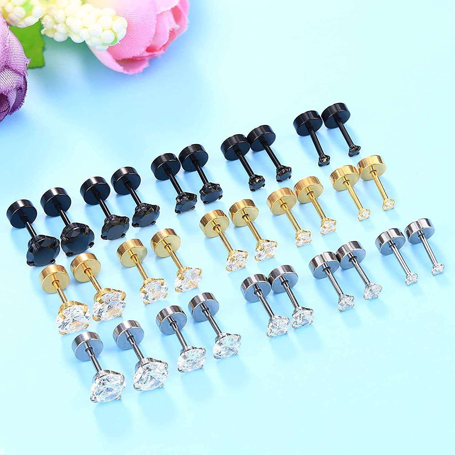 15 Pairs Stainless CZ Stud Earrings Screw Flat Back Barbell Cartilage Piercing Earrings for Women Men