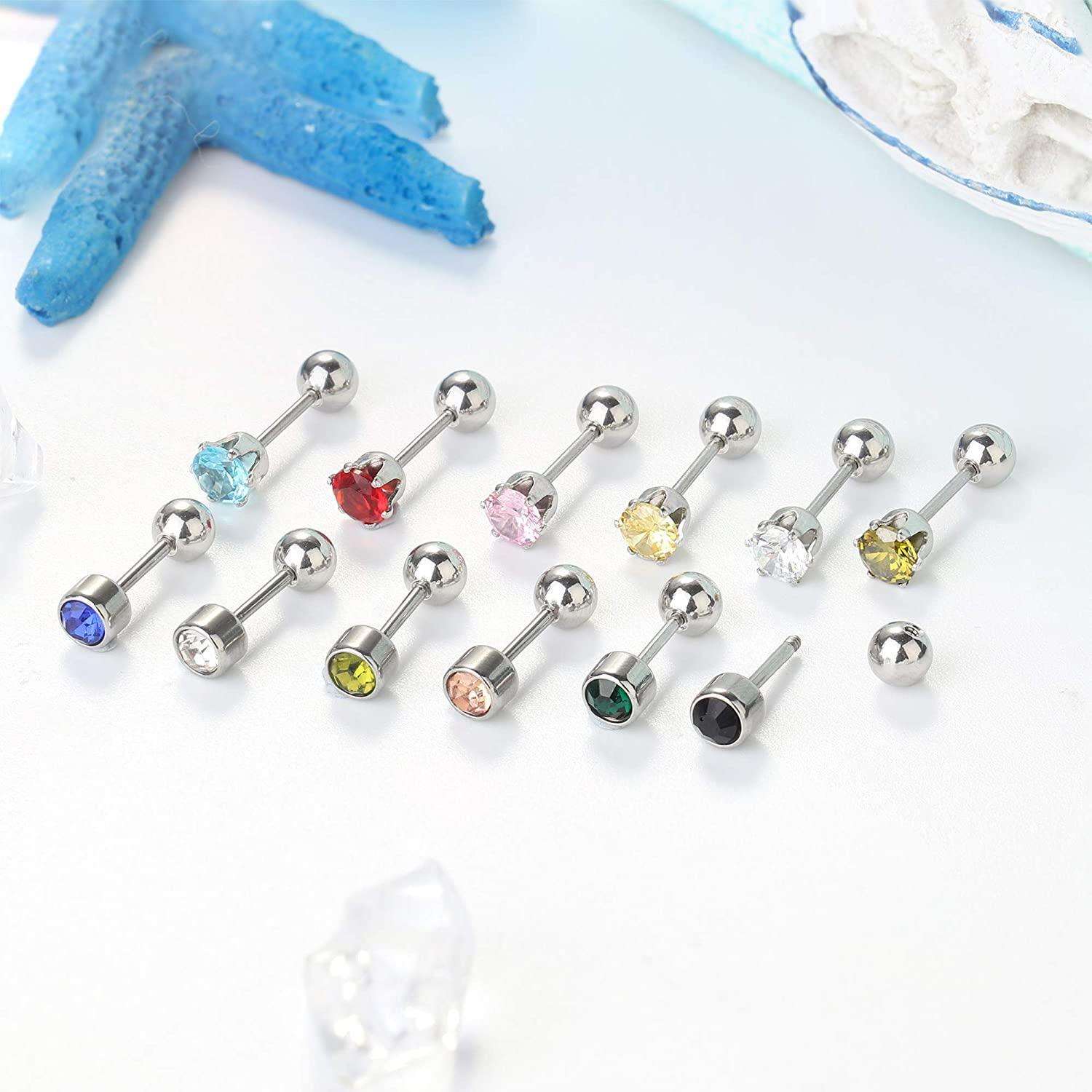 24 Pairs Stainless CZ Stud Earrings for Women Men Multicolor Cubic Zirconia Helix Earrings Tragus Ear Piercing Earrings Set Flat Back Cartilage Earring Stud 4mm