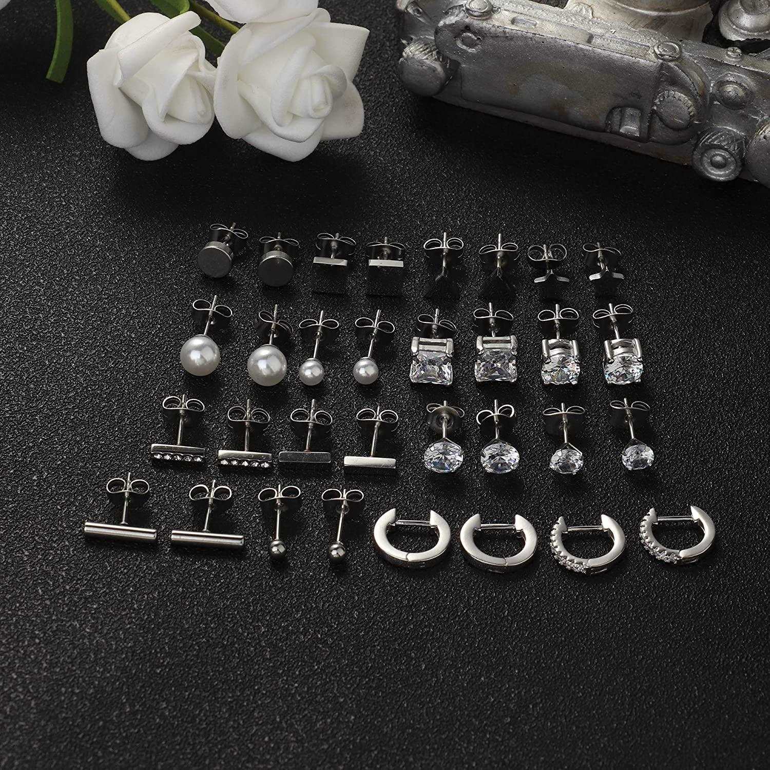 16Pairs Surgical Steel Small Stud Earrings Set for Women Men Star Triangle Moon Heart Bar Square Round Disc Ball Crystal CZ Tiny Stainless Steel Geometric Stud Earrings