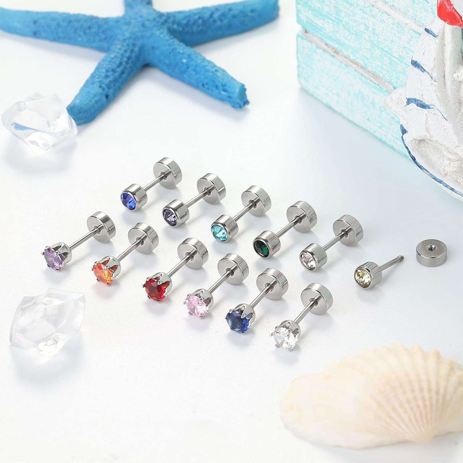 24 Pairs Stainless CZ Stud Earrings for Women Men Multicolor Cubic Zirconia Helix Earrings Tragus Ear Piercing Earrings Set Flat Back Cartilage Earring Stud 4mm