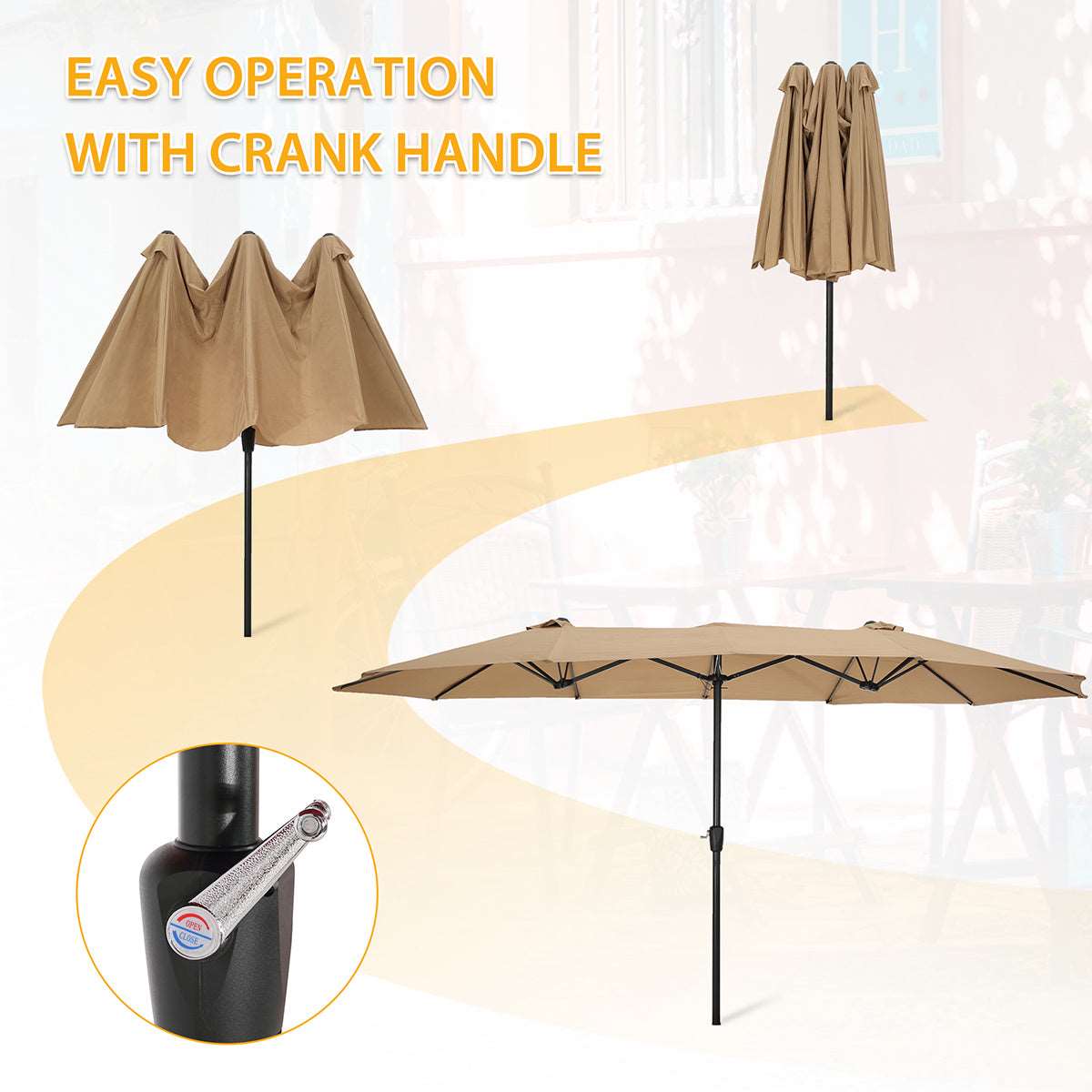 A 15x9ft Large Double-Sided Rectangular Outdoor Twin Patio Market Umbrella w/Crank- taupe on a white background.