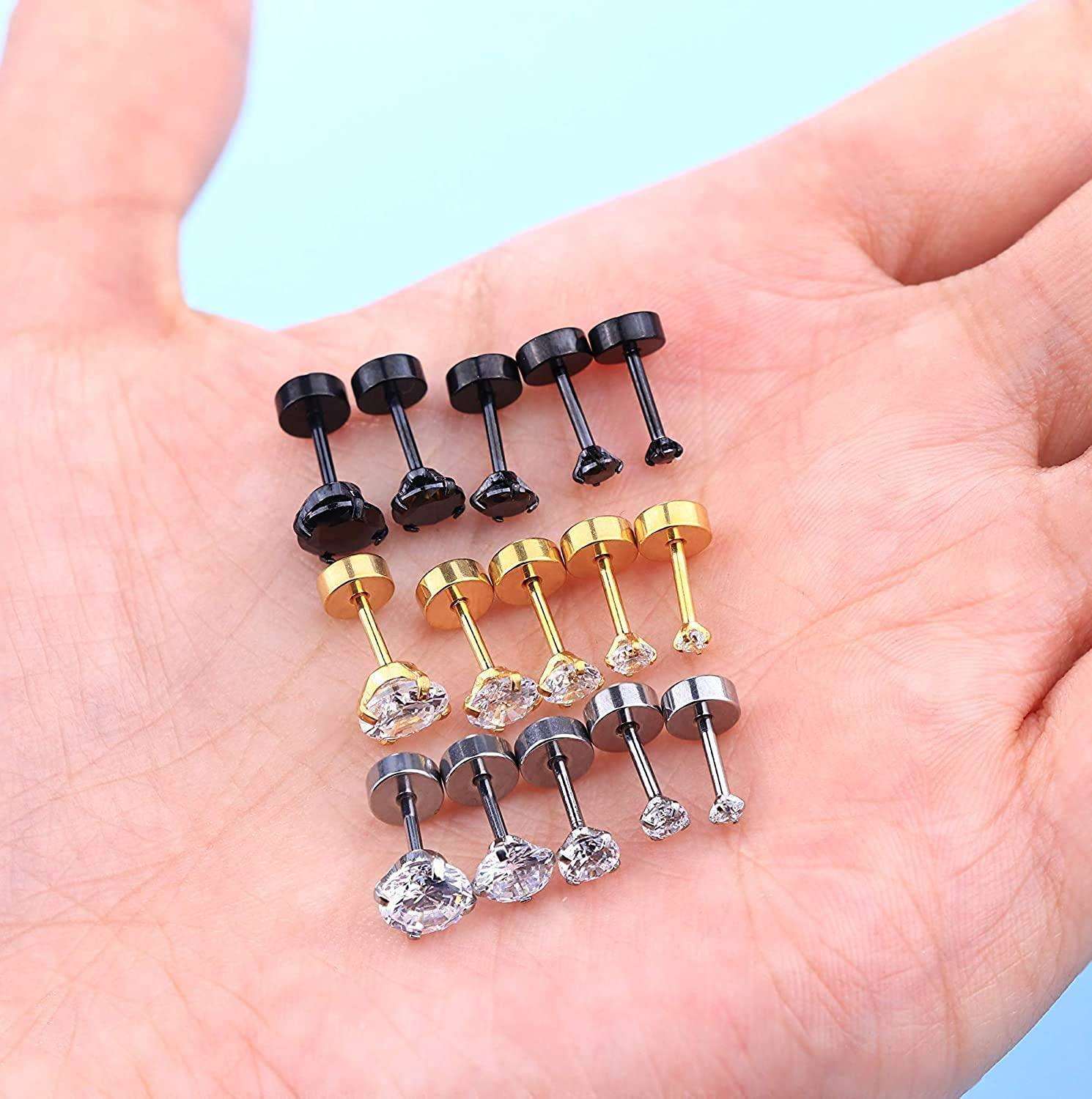 15 Pairs Stainless CZ Stud Earrings Screw Flat Back Barbell Cartilage Piercing Earrings for Women Men