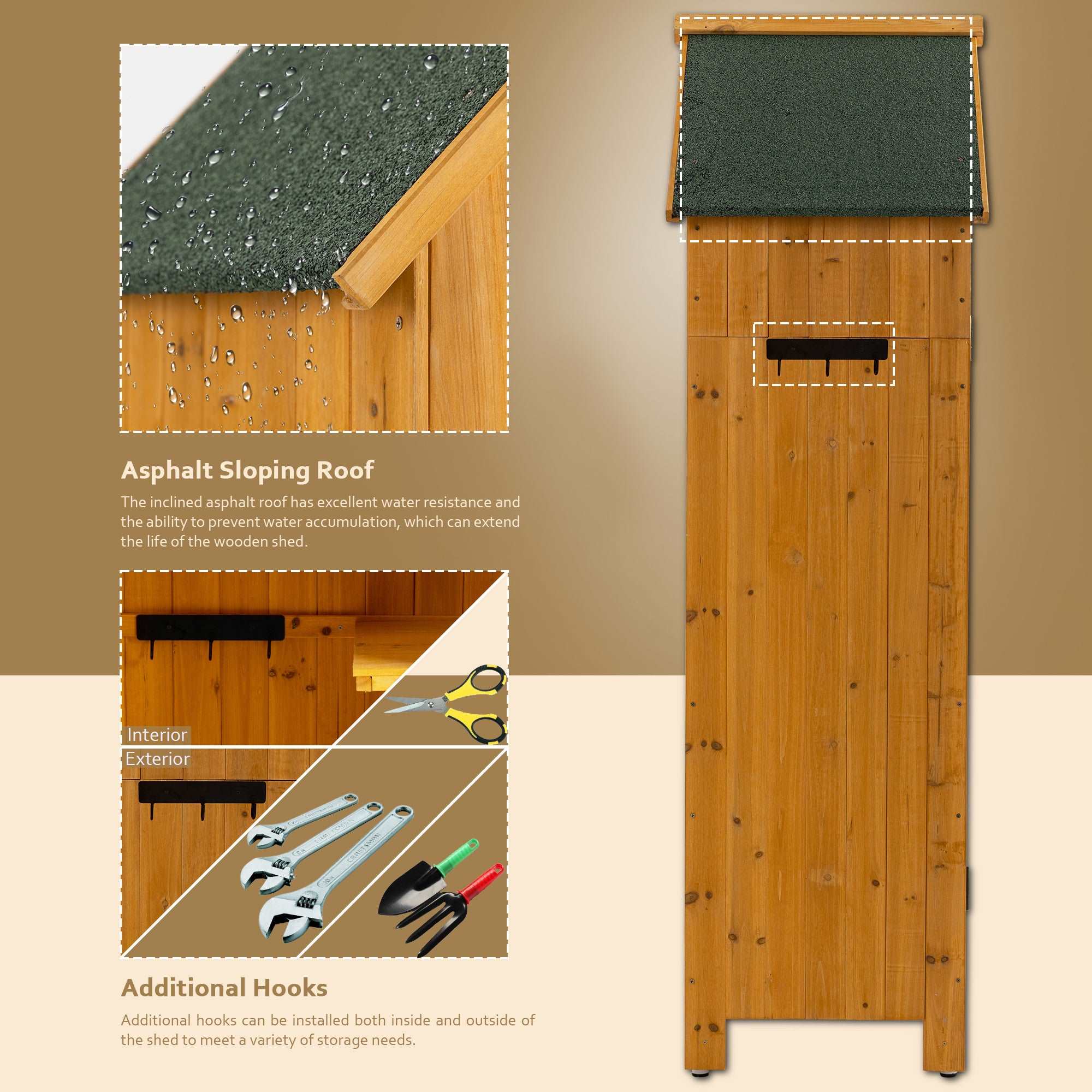 A 30.3'L X 21.3'W X 70.5'H Outdoor Storage Cabinet Tool Shed Wooden Garden Shed Natural on a wooden deck.