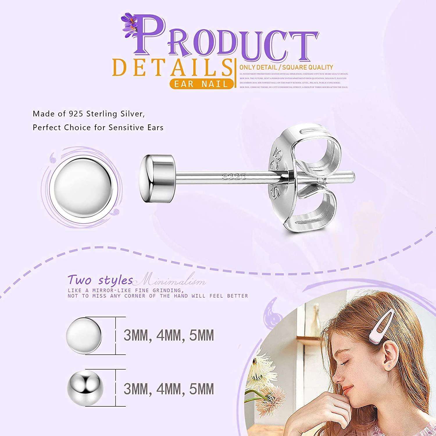 2 Pairs Ball Tiny Stud Earrings Sets For Women Men Dot Earrings Sterling Silver 4mm