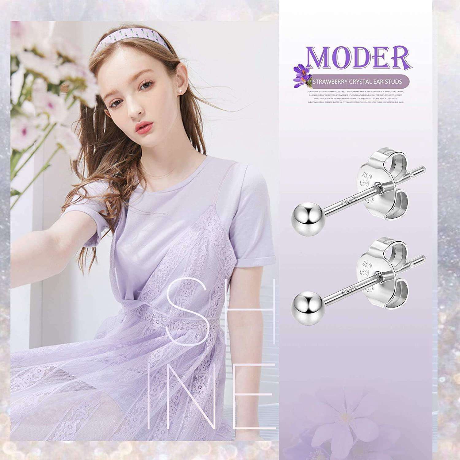 2 Pairs Ball Tiny Stud Earrings Sets For Women Men Dot Earrings Sterling Silver 4mm
