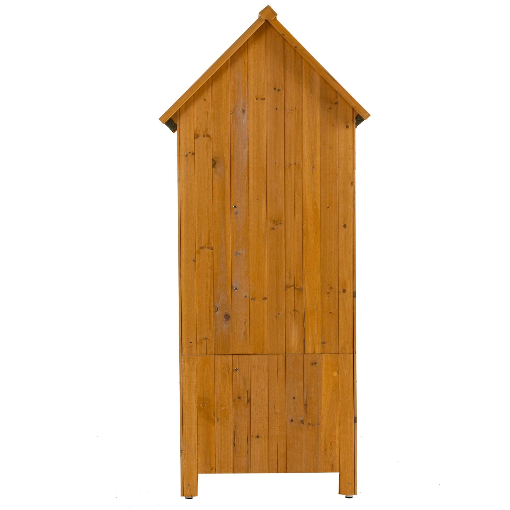 A 30.3'L X 21.3'W X 70.5'H Outdoor Storage Cabinet Tool Shed Wooden Garden Shed Natural on a wooden deck.
