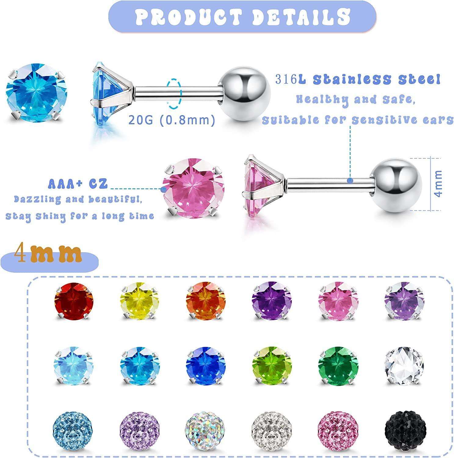 20G 4MM Stainless Stud Earrings Flat Back Earrings for Women Men Cubic Zirconia Cartilage Stud Earrings Sparkle CZ Crystal Ball Stud Earrings Helix Earrings Hypoallergenic
