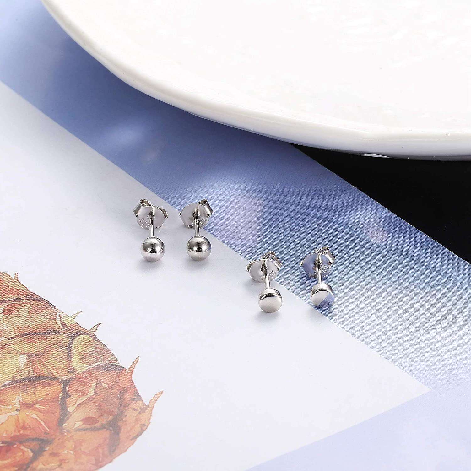 2 Pairs Ball Tiny Stud Earrings Sets For Women Men Dot Earrings Sterling Silver 4mm